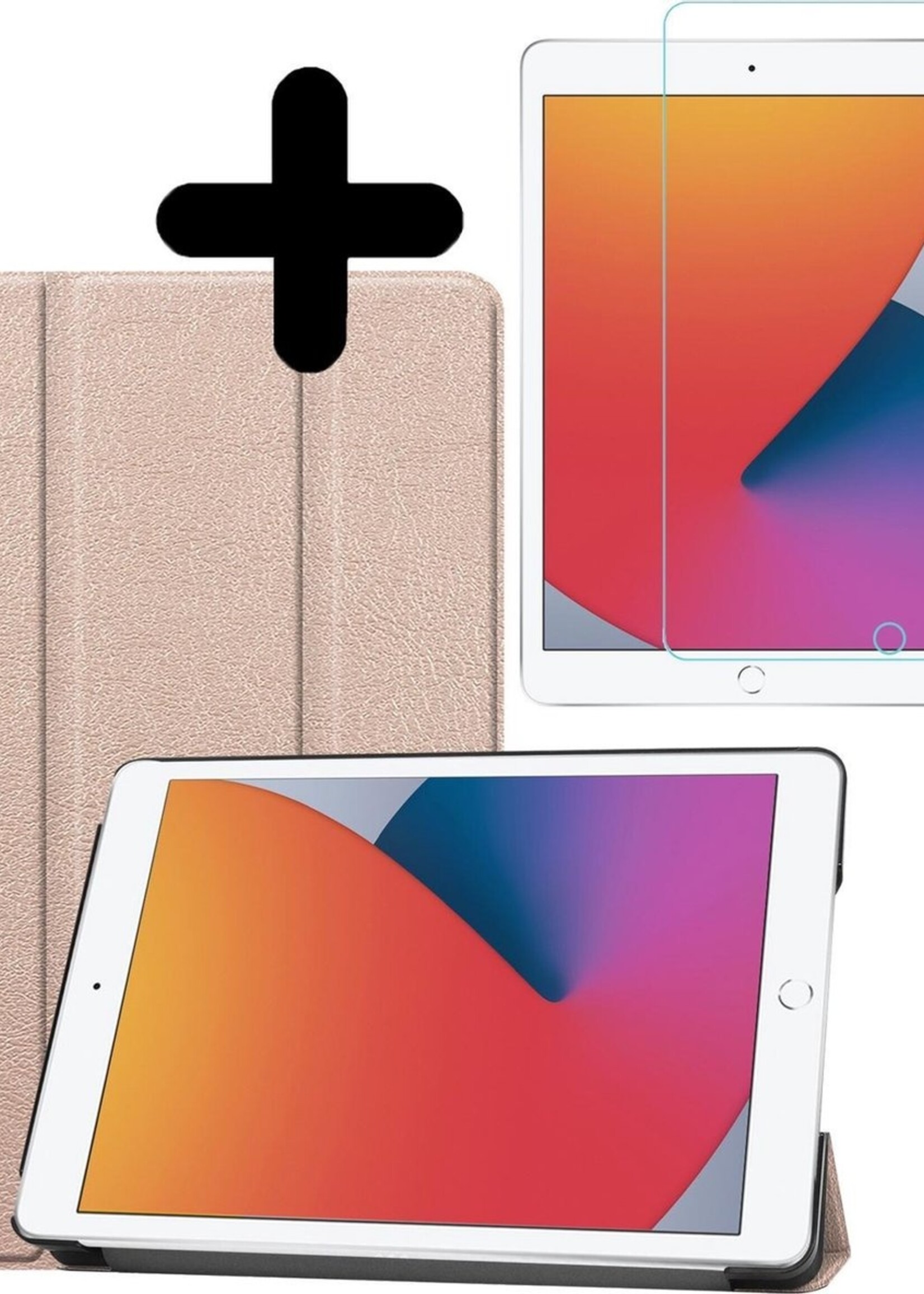 BTH Hoes Geschikt voor iPad 10.2 2020 Hoes Book Case Hoesje Trifold Cover Met Screenprotector - Hoesje Geschikt voor iPad 8 Hoesje Bookcase - Goud