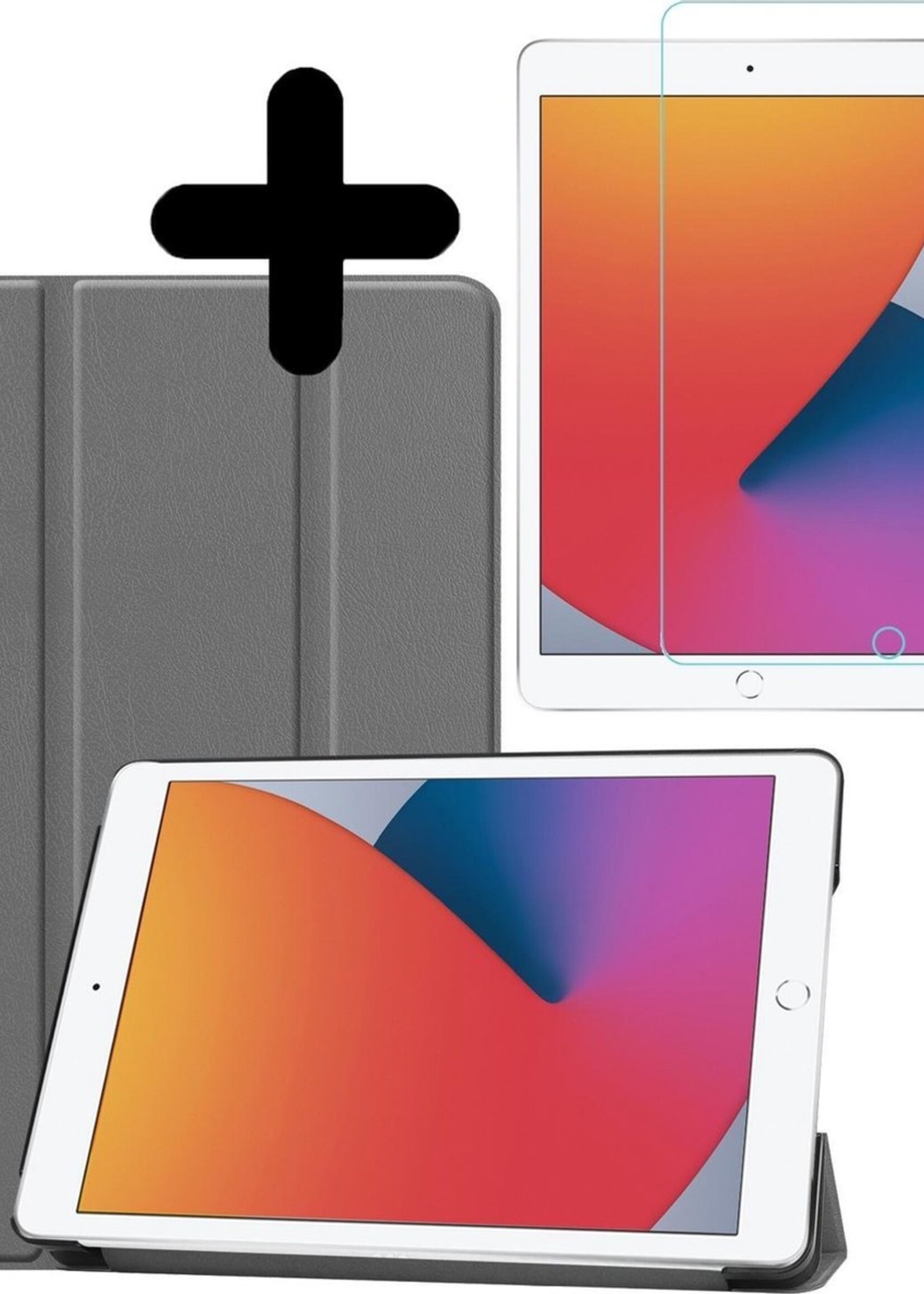 BTH Hoes Geschikt voor iPad 10.2 2020 Hoes Book Case Hoesje Trifold Cover Met Screenprotector - Hoesje Geschikt voor iPad 8 Hoesje Bookcase - Grijs