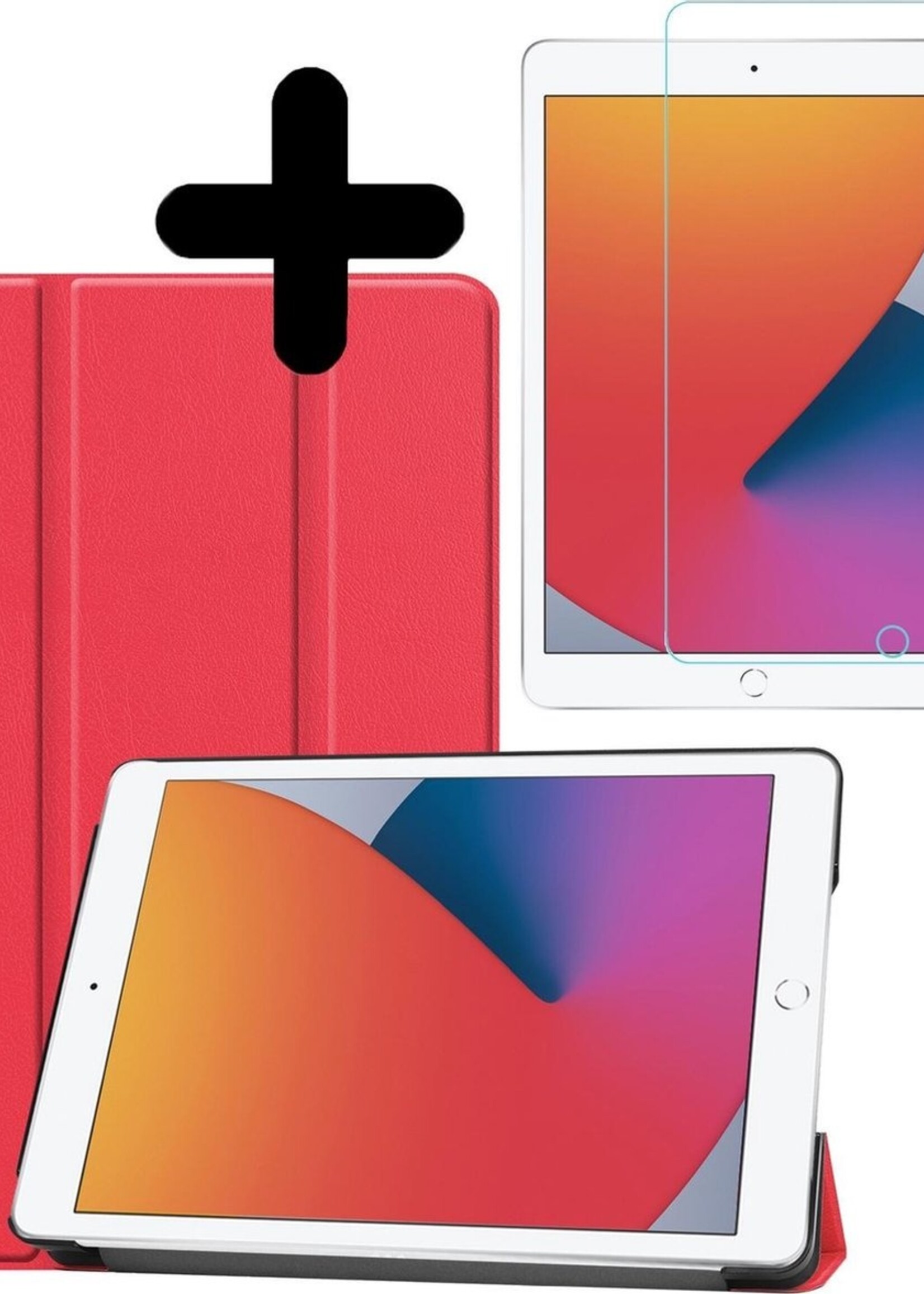 BTH Hoes Geschikt voor iPad 10.2 2020 Hoes Book Case Hoesje Trifold Cover Met Screenprotector - Hoesje Geschikt voor iPad 8 Hoesje Bookcase - Rood