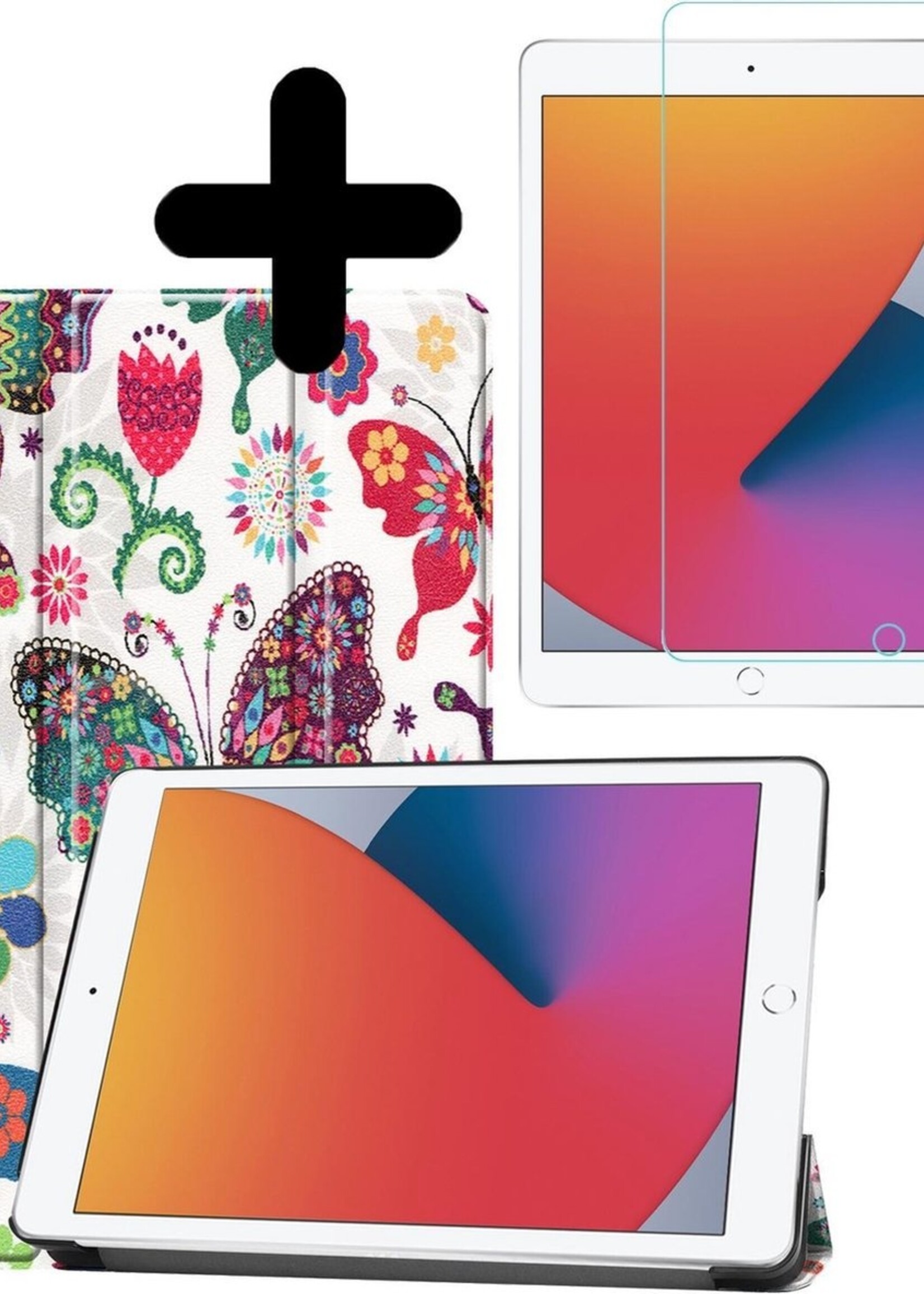 BTH Hoes Geschikt voor iPad 10.2 2020 Hoes Book Case Hoesje Trifold Cover Met Screenprotector - Hoesje Geschikt voor iPad 8 Hoesje Bookcase - Vlinders