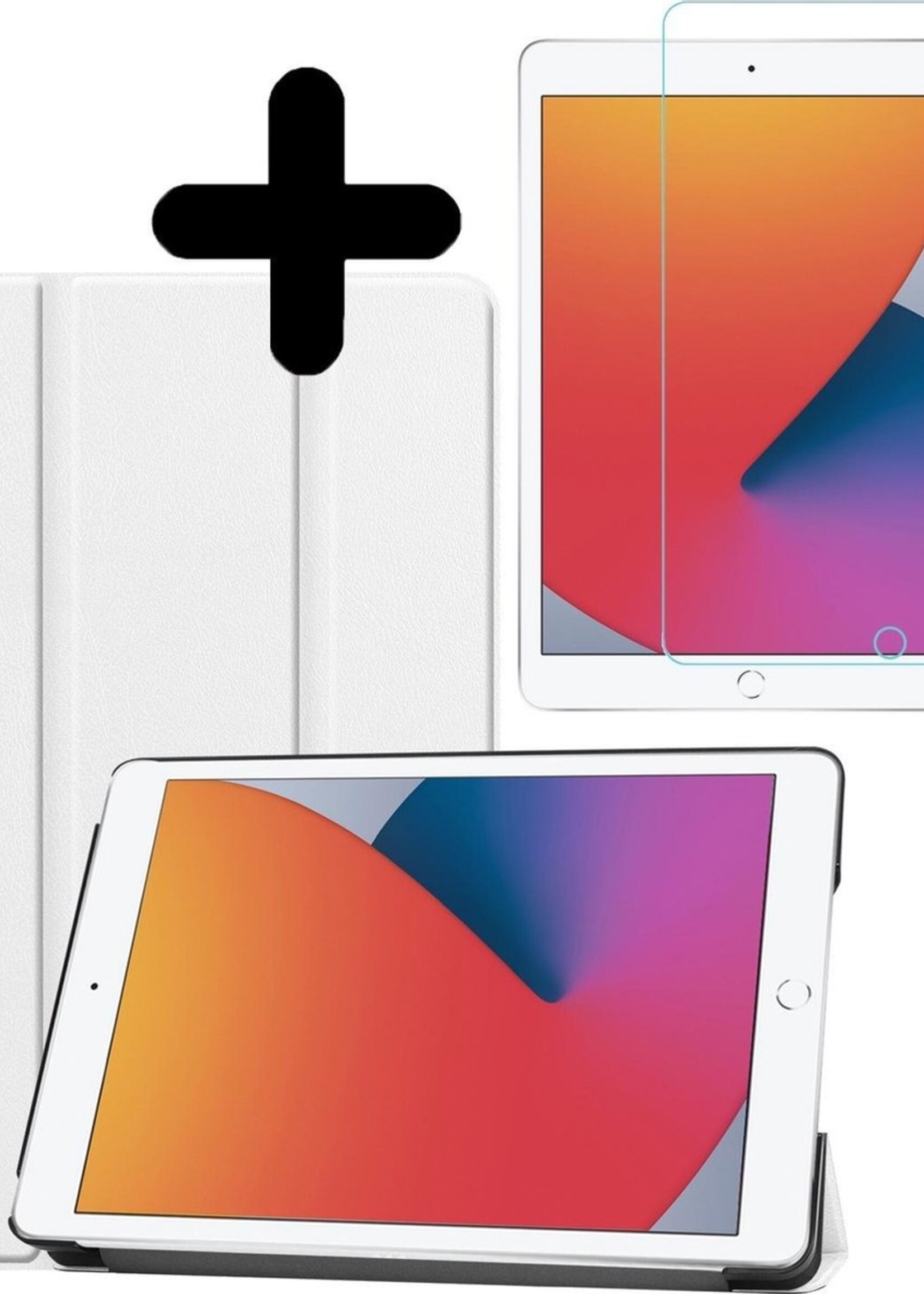 BTH Hoes Geschikt voor iPad 10.2 2020 Hoes Book Case Hoesje Trifold Cover Met Screenprotector - Hoesje Geschikt voor iPad 8 Hoesje Bookcase - Wit