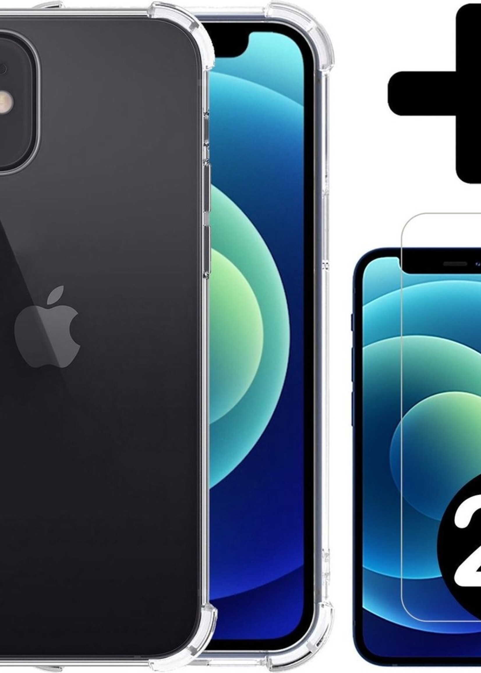 BTH Hoesje Geschikt voor iPhone 12 Hoesje Siliconen Shock Proof Case Hoes Met 2x Screenprotector - Hoes Geschikt voor iPhone 12 Hoes Cover Case Shockproof - Transparant