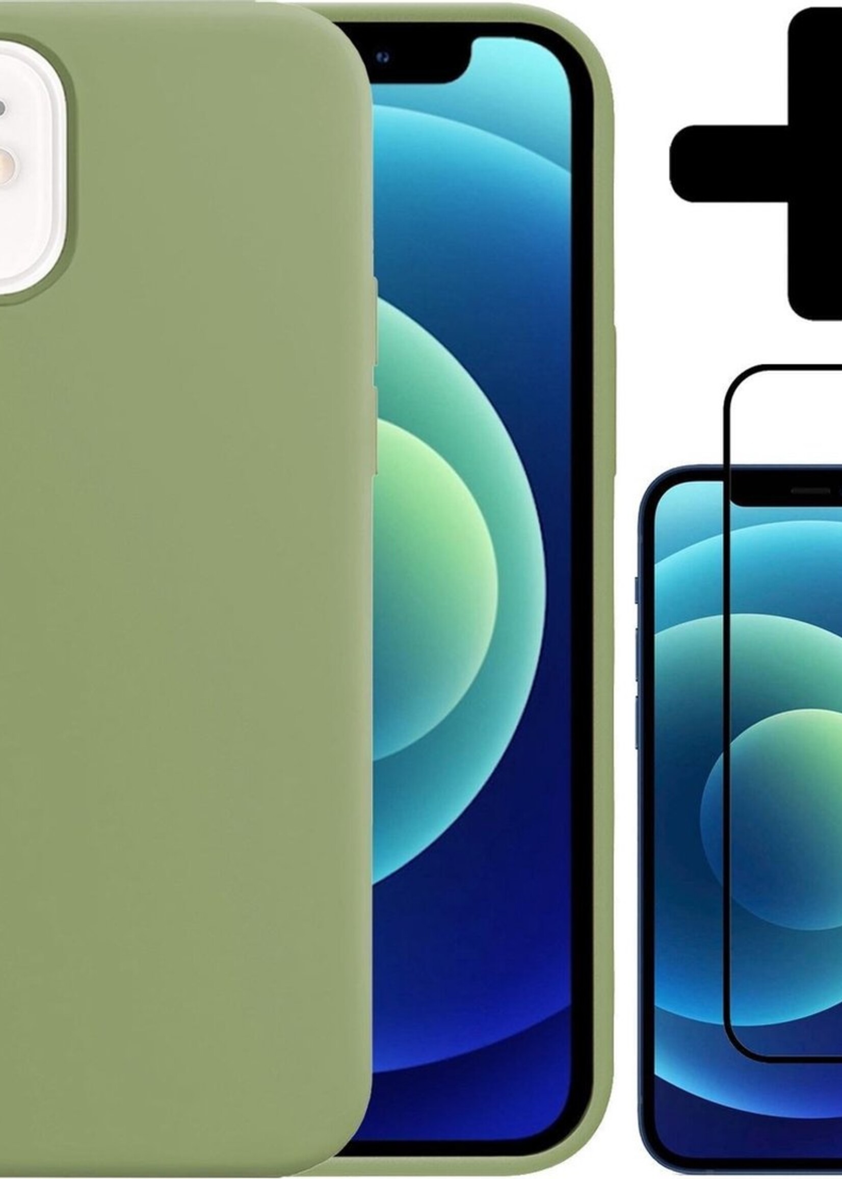 BTH Hoesje Geschikt voor iPhone 12 Hoesje Siliconen Case Hoes Met Screenprotector - Hoes Geschikt voor iPhone 12 Hoes Cover Case - Groen