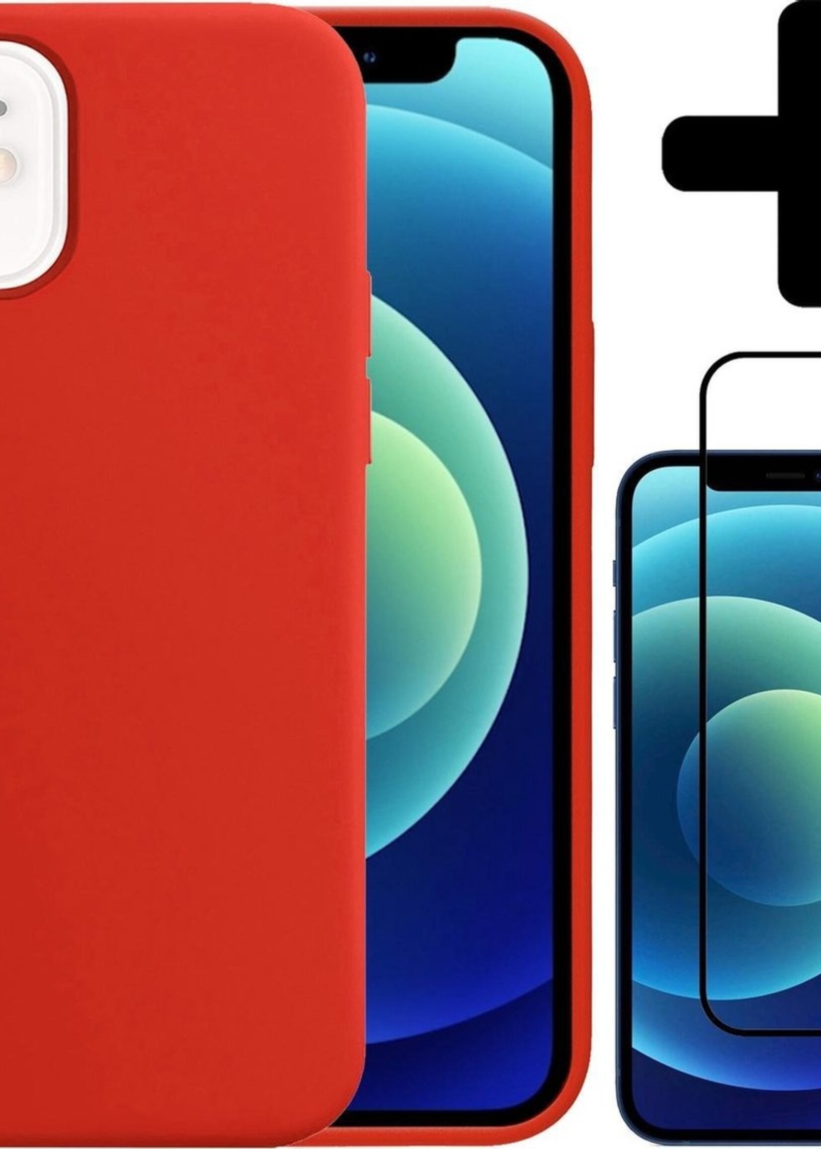 BTH Hoesje Geschikt voor iPhone 12 Hoesje Siliconen Case Hoes Met Screenprotector - Hoes Geschikt voor iPhone 12 Hoes Cover Case - Rood