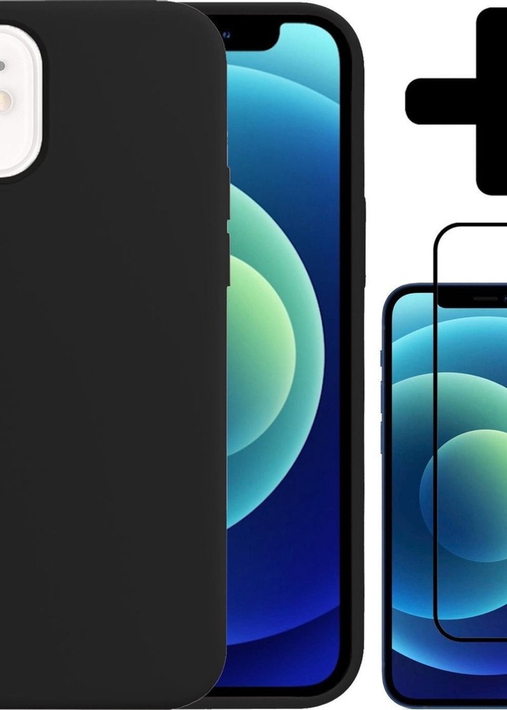 BTH Hoesje Geschikt voor iPhone 12 Hoesje Siliconen Case Hoes Met Screenprotector - Hoes Geschikt voor iPhone 12 Hoes Cover Case - Zwart