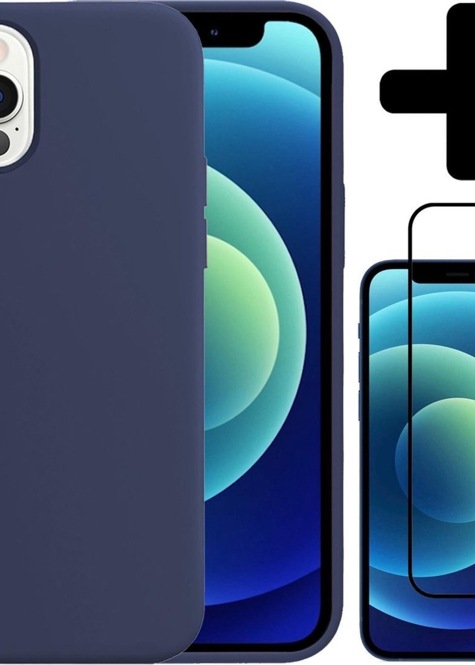BTH Hoesje Geschikt voor iPhone 12 Pro Hoesje Siliconen Case Hoes Met Screenprotector - Hoes Geschikt voor iPhone 12 Pro Hoes Cover Case - Donkerblauw