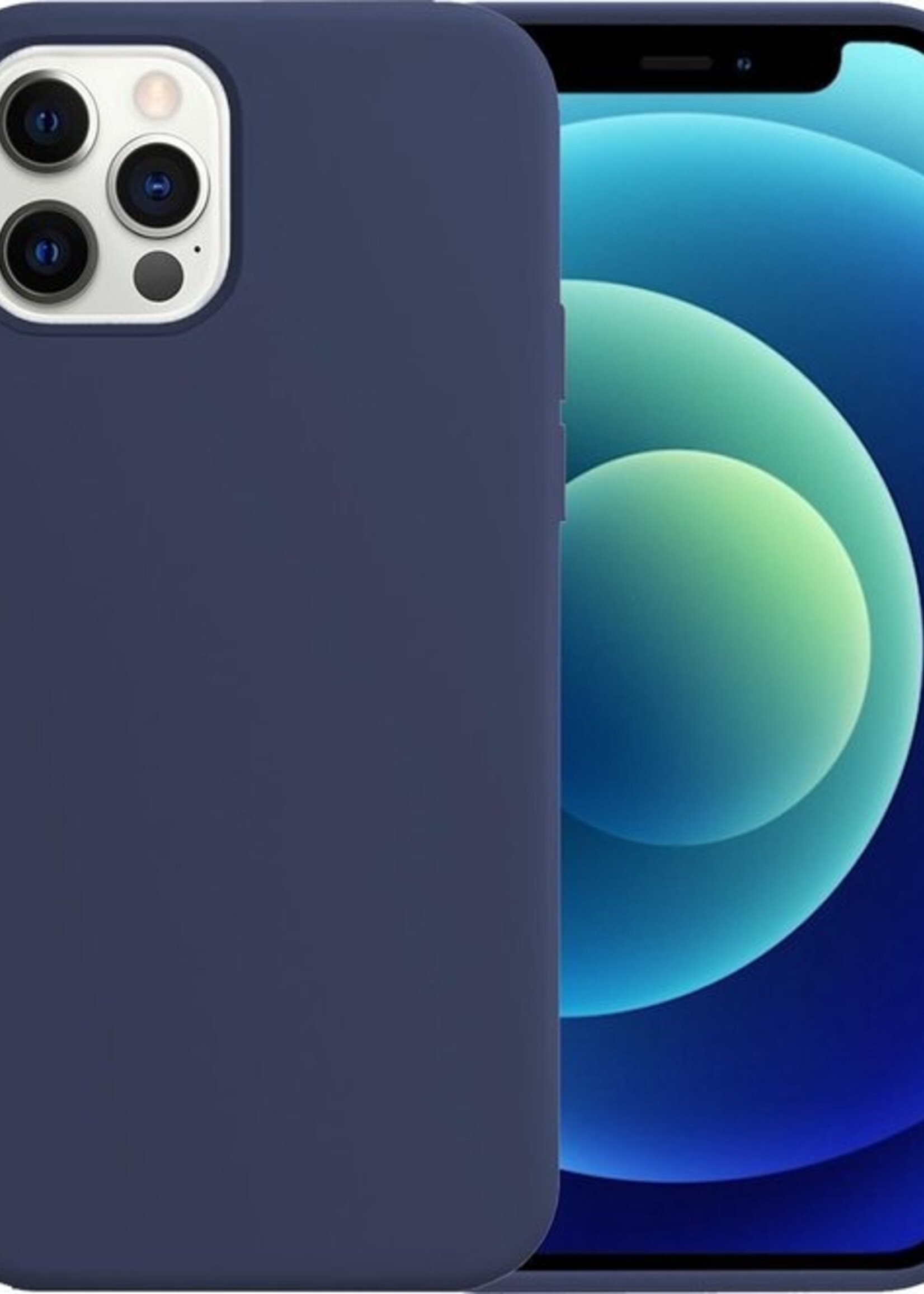 BTH Hoesje Geschikt voor iPhone 12 Pro Hoesje Siliconen Case Hoes Met Screenprotector - Hoes Geschikt voor iPhone 12 Pro Hoes Cover Case - Donkerblauw