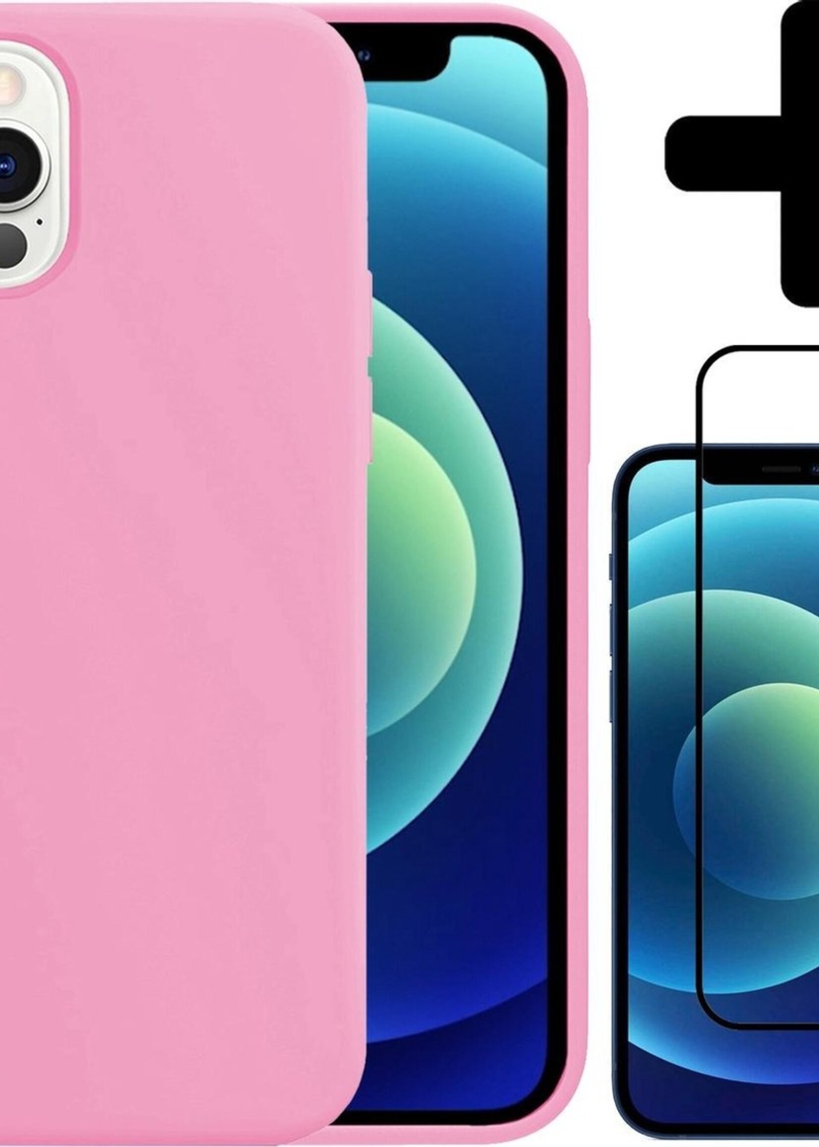 BTH Hoesje Geschikt voor iPhone 12 Pro Hoesje Siliconen Case Hoes Met Screenprotector - Hoes Geschikt voor iPhone 12 Pro Hoes Cover Case - Lichtroze