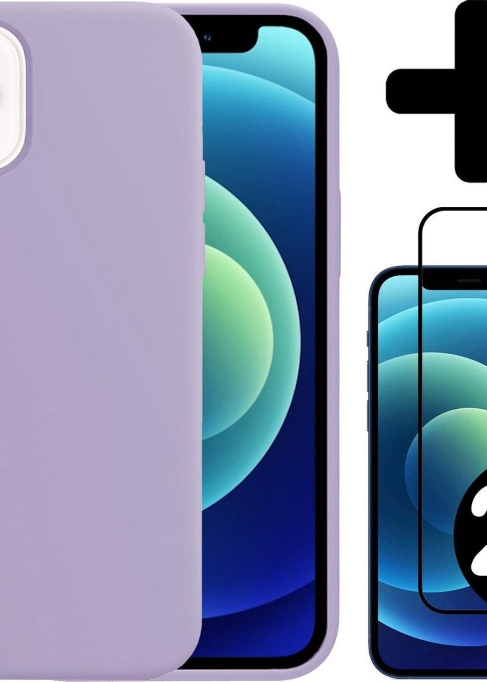 BTH Hoesje Geschikt voor iPhone 12 Hoesje Siliconen Case Hoes Met 2x Screenprotector - Hoes Geschikt voor iPhone 12 Hoes Cover Case - Lila