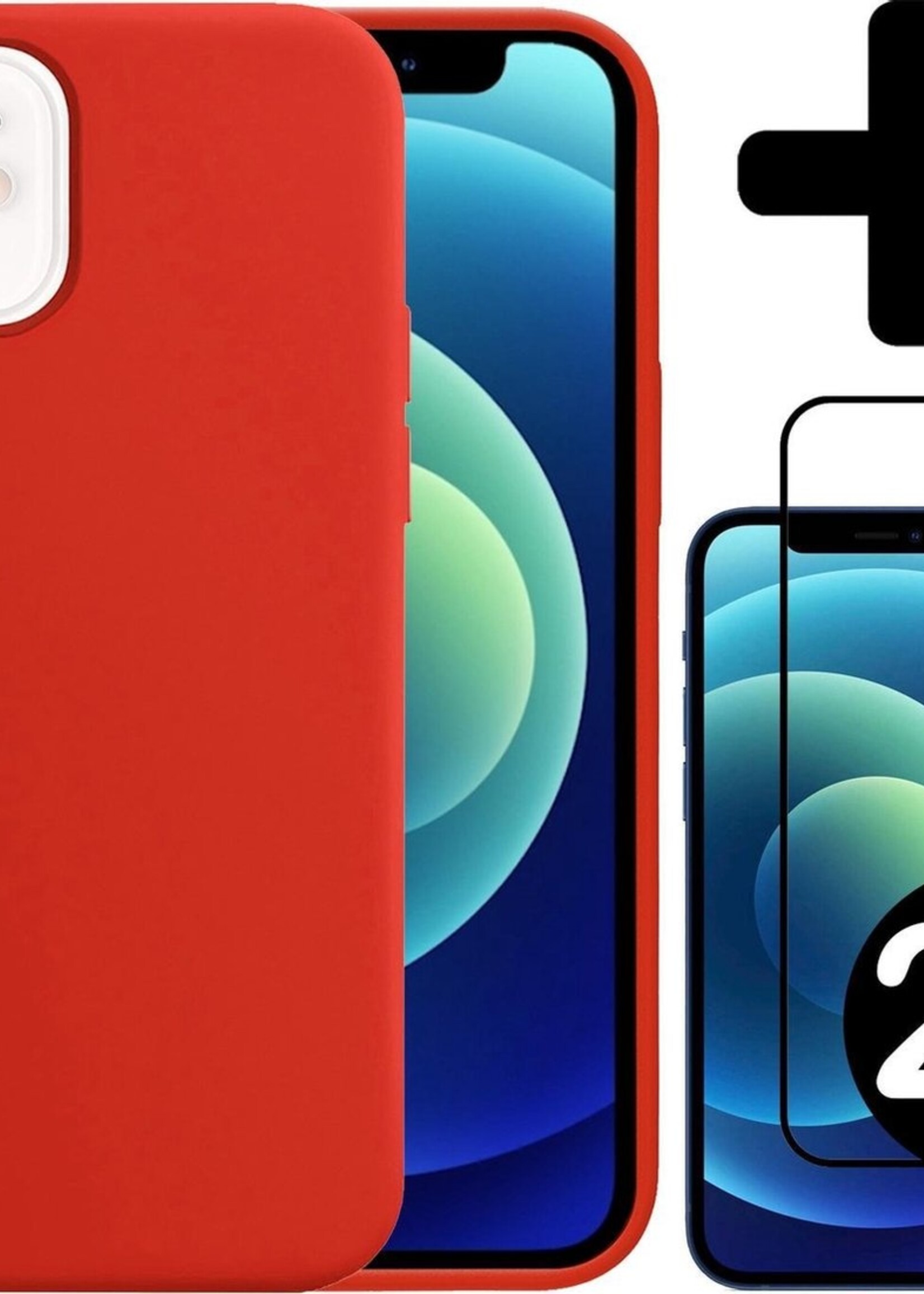 BTH Hoesje Geschikt voor iPhone 12 Hoesje Siliconen Case Hoes Met 2x Screenprotector - Hoes Geschikt voor iPhone 12 Hoes Cover Case - Rood