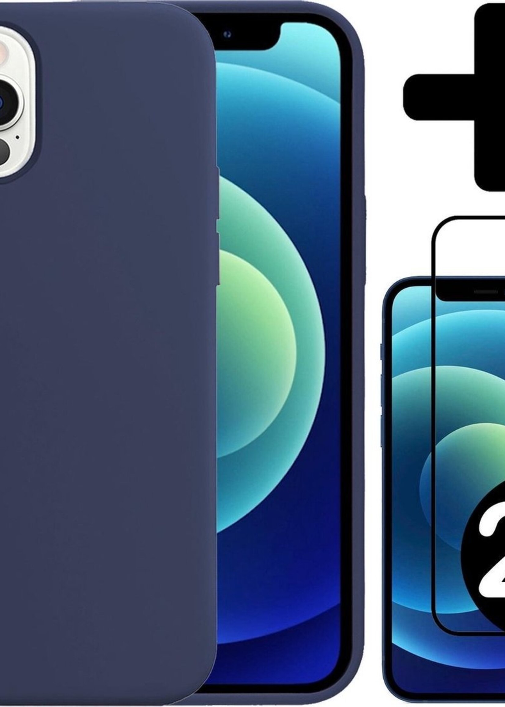 BTH Hoesje Geschikt voor iPhone 12 Pro Hoesje Siliconen Case Hoes Met 2x Screenprotector - Hoes Geschikt voor iPhone 12 Pro Hoes Cover Case - Donkerblauw