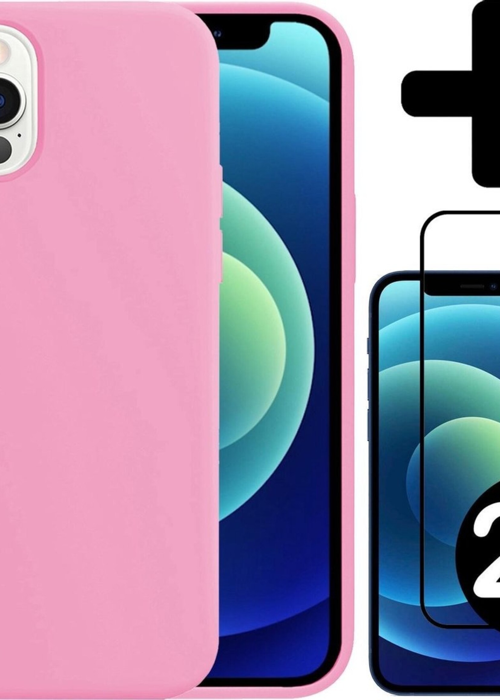 BTH Hoesje Geschikt voor iPhone 12 Pro Hoesje Siliconen Case Hoes Met 2x Screenprotector - Hoes Geschikt voor iPhone 12 Pro Hoes Cover Case - Lichtroze