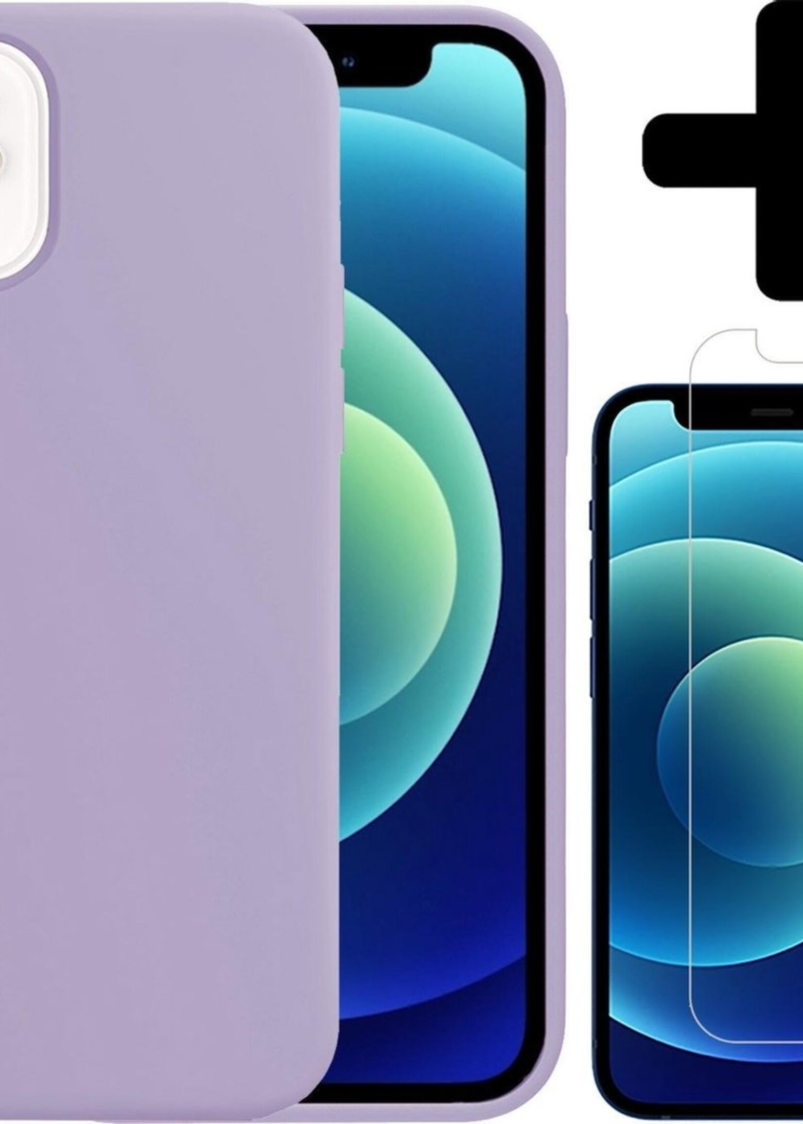 BTH Hoesje Geschikt voor iPhone 12 Hoesje Siliconen Case Hoes Met Screenprotector - Hoes Geschikt voor iPhone 12 Hoes Cover Case - Lila