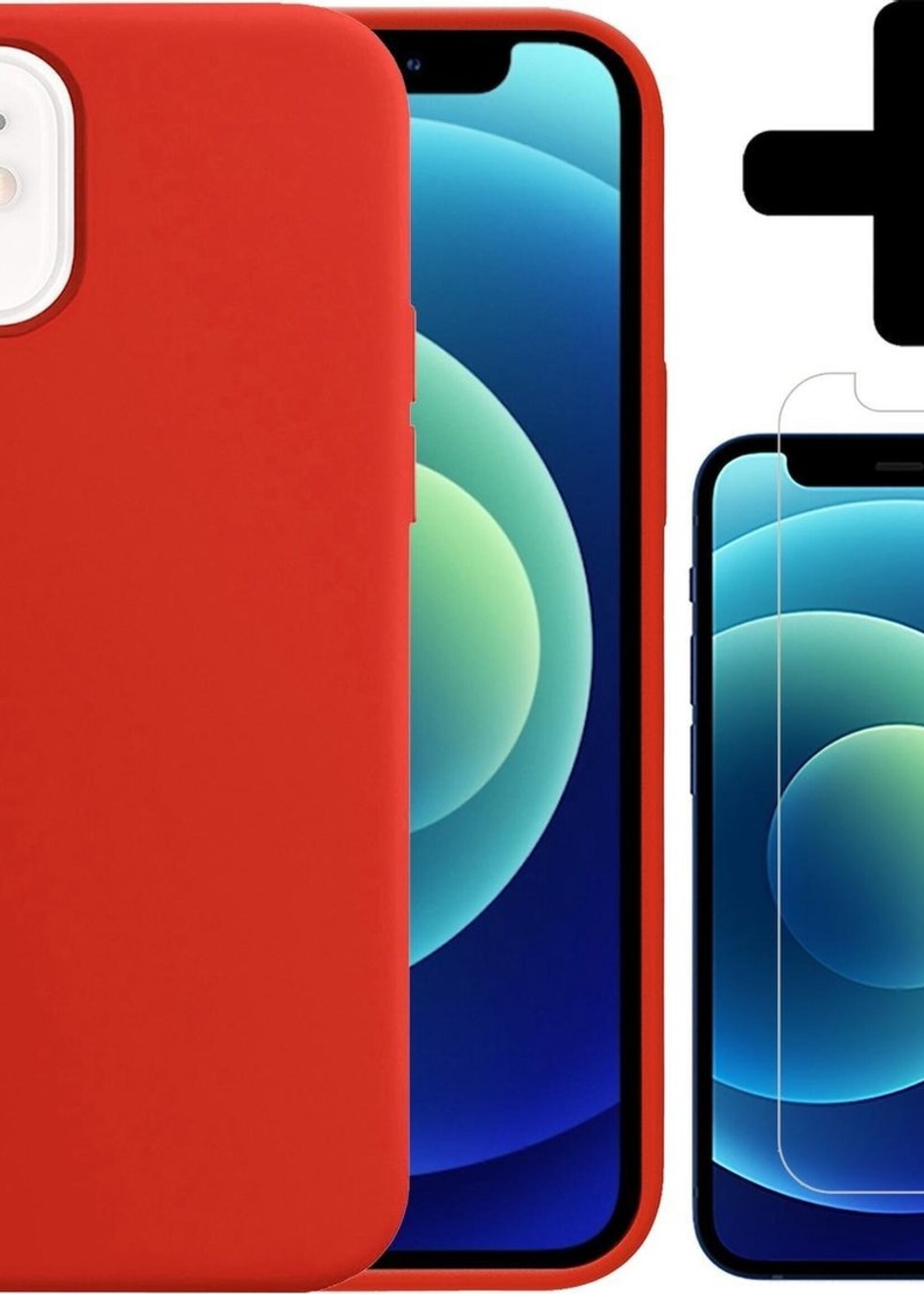 BTH Hoesje Geschikt voor iPhone 12 Hoesje Siliconen Case Hoes Met Screenprotector - Hoes Geschikt voor iPhone 12 Hoes Cover Case - Rood