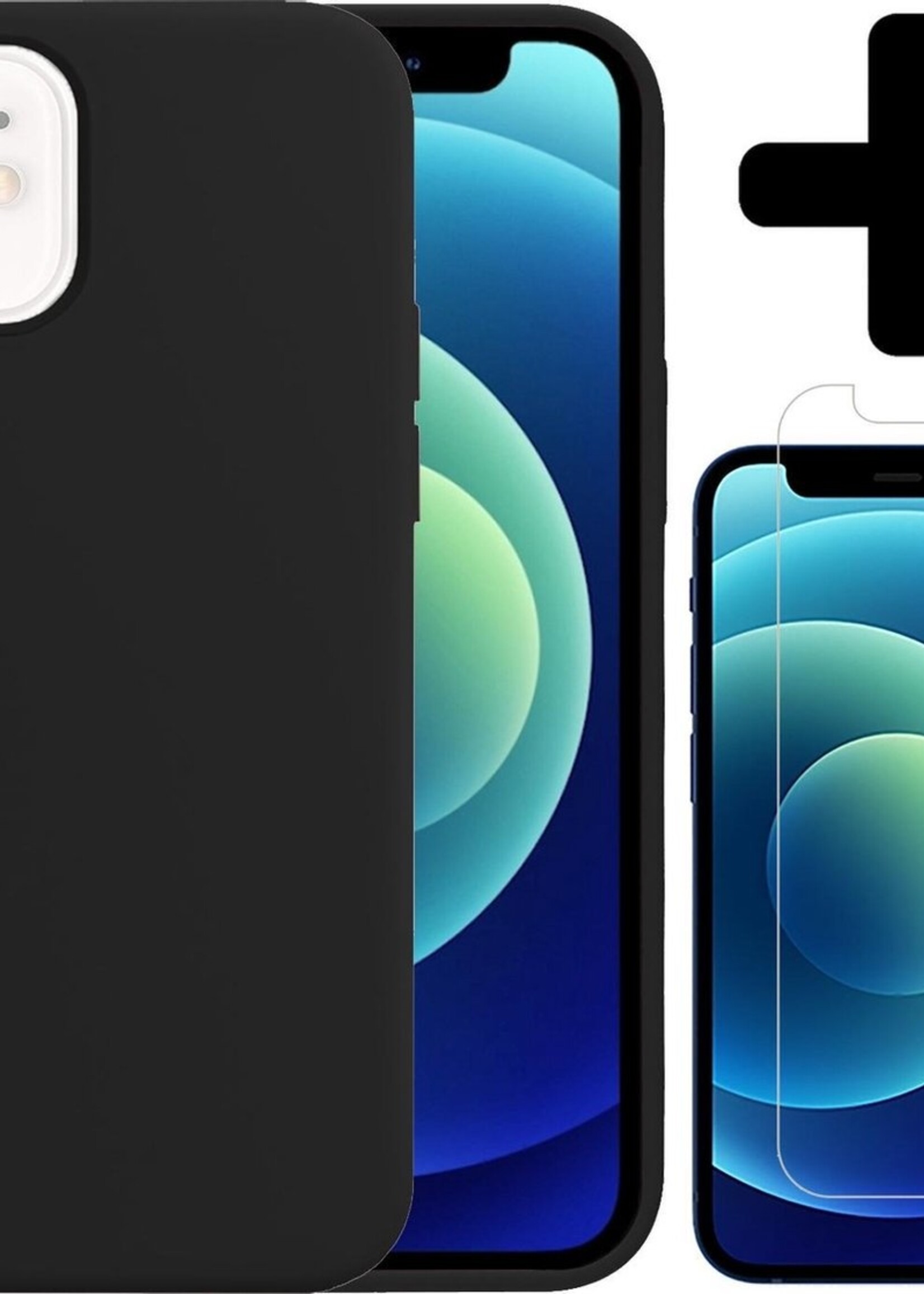 BTH Hoesje Geschikt voor iPhone 12 Hoesje Siliconen Case Hoes Met Screenprotector - Hoes Geschikt voor iPhone 12 Hoes Cover Case - Zwart