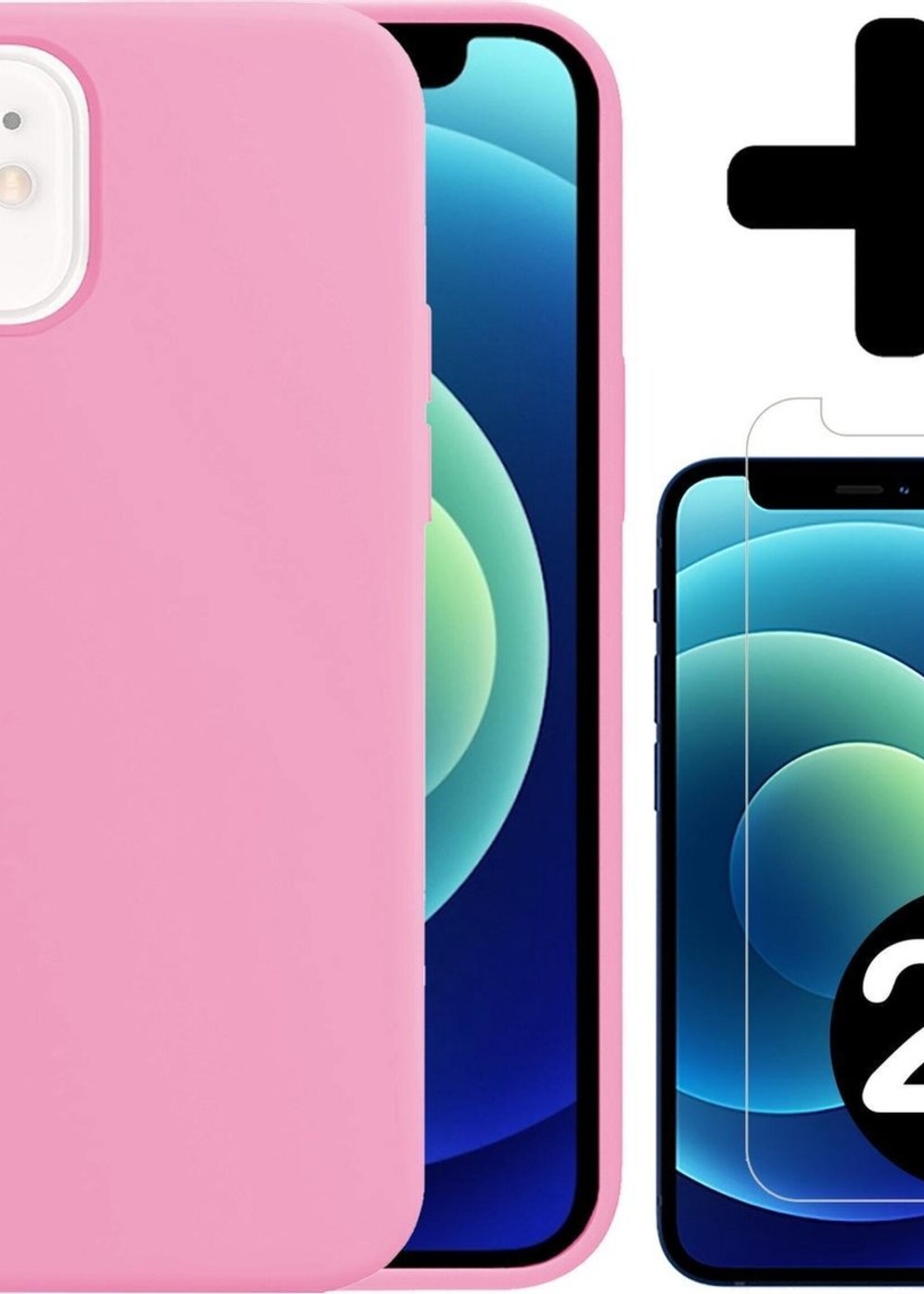 BTH Hoesje Geschikt voor iPhone 12 Hoesje Siliconen Case Hoes Met 2x Screenprotector - Hoes Geschikt voor iPhone 12 Hoes Cover Case - Lichtroze