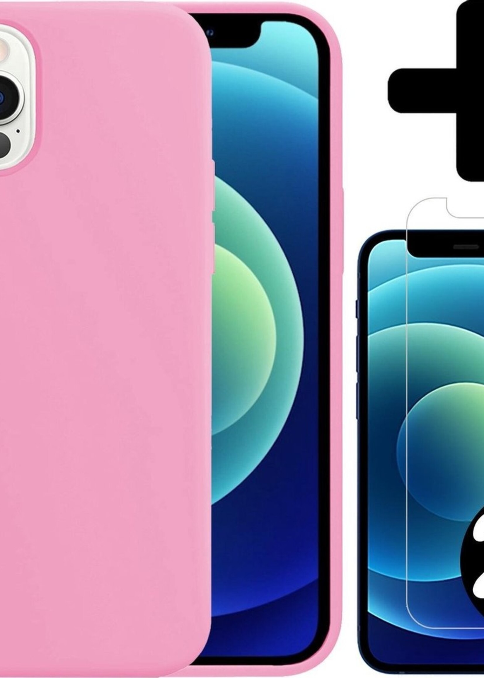 BTH Hoesje Geschikt voor iPhone 12 Pro Hoesje Siliconen Case Hoes Met 2x Screenprotector - Hoes Geschikt voor iPhone 12 Pro Hoes Cover Case - Lichtroze