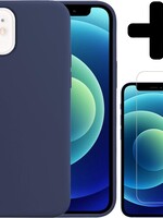 BTH BTH iPhone 12 Hoesje Siliconen Donkerblauw En Screenprotector met dichte notch