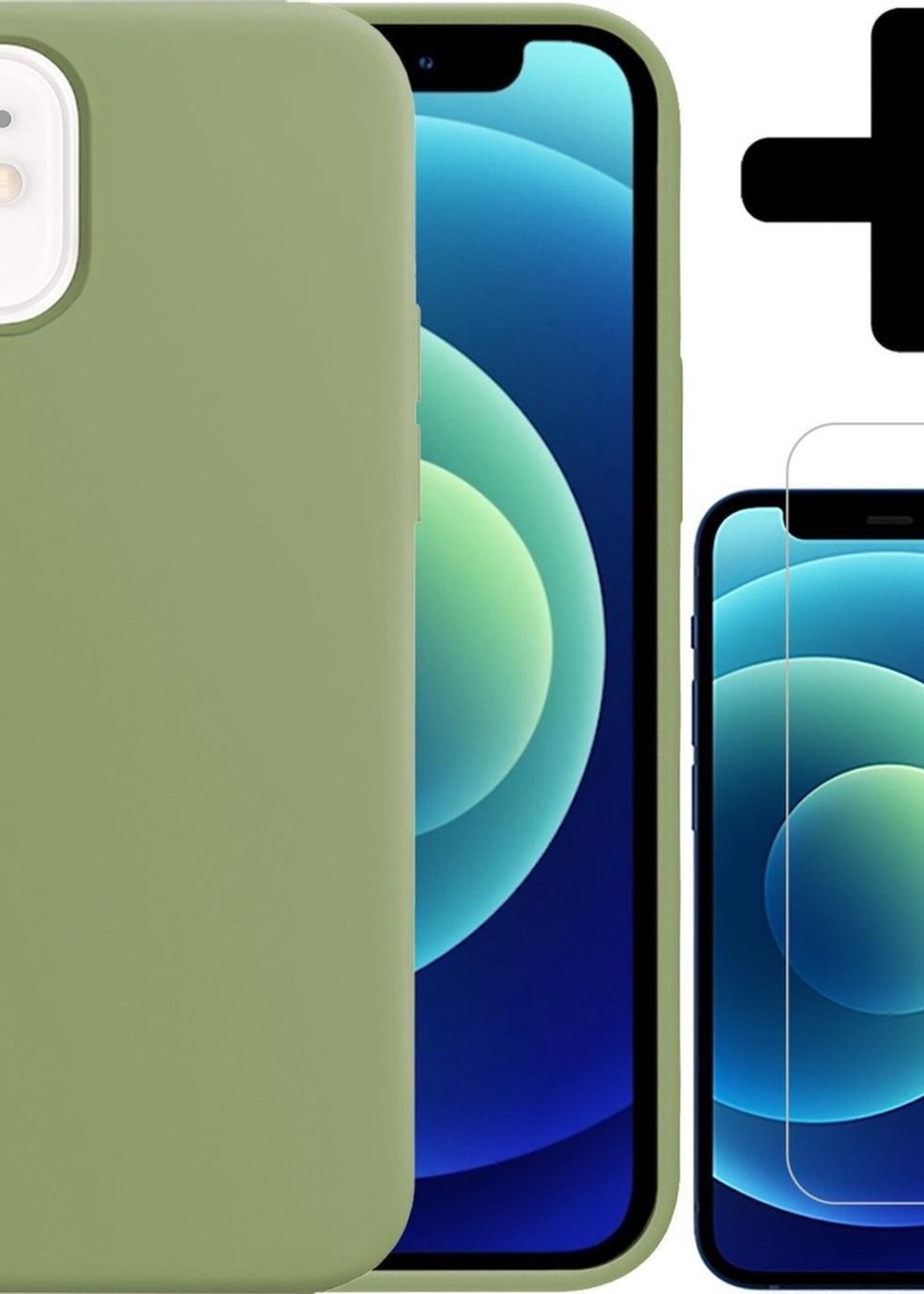 BTH Hoesje Geschikt voor iPhone 12 Hoesje Siliconen Case Hoes Met Screenprotector - Hoes Geschikt voor iPhone 12 Hoes Cover Case - Groen