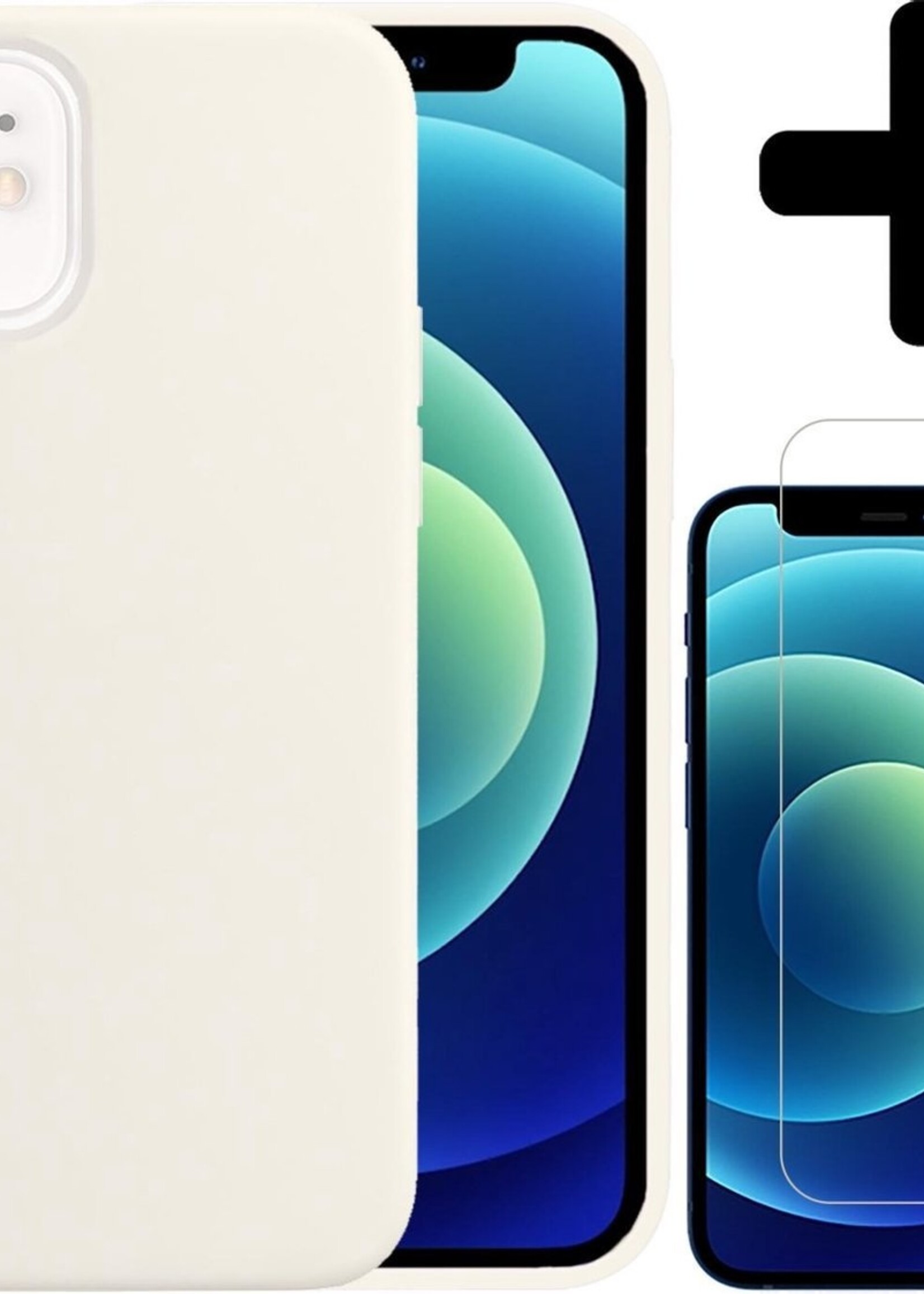 BTH Hoesje Geschikt voor iPhone 12 Hoesje Siliconen Case Hoes Met Screenprotector - Hoes Geschikt voor iPhone 12 Hoes Cover Case - Wit
