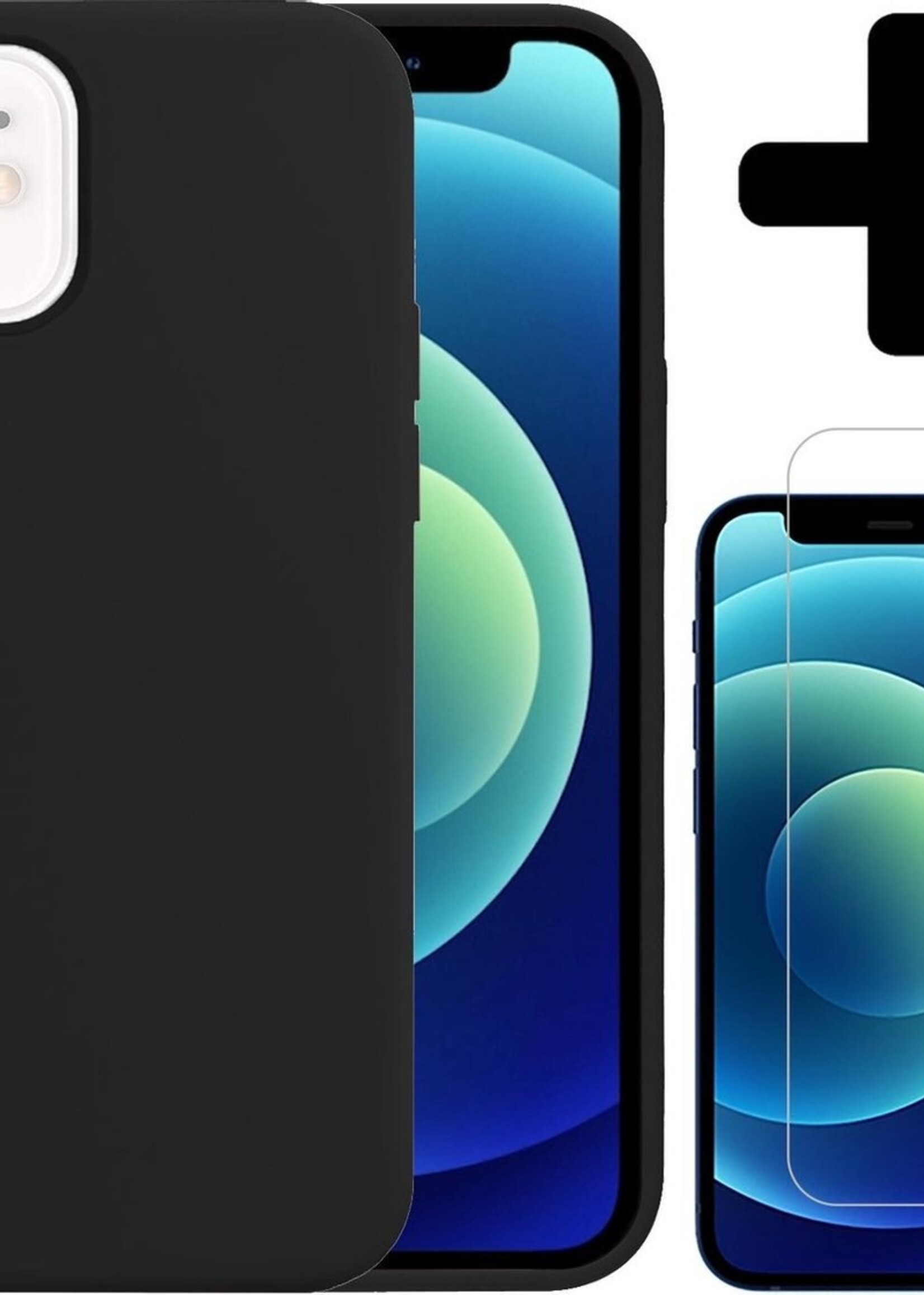 BTH Hoesje Geschikt voor iPhone 12 Hoesje Siliconen Case Hoes Met Screenprotector - Hoes Geschikt voor iPhone 12 Hoes Cover Case - Zwart