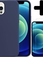 BTH BTH iPhone 12 Pro Hoesje Siliconen Donkerblauw En Screenprotector met dichte notch