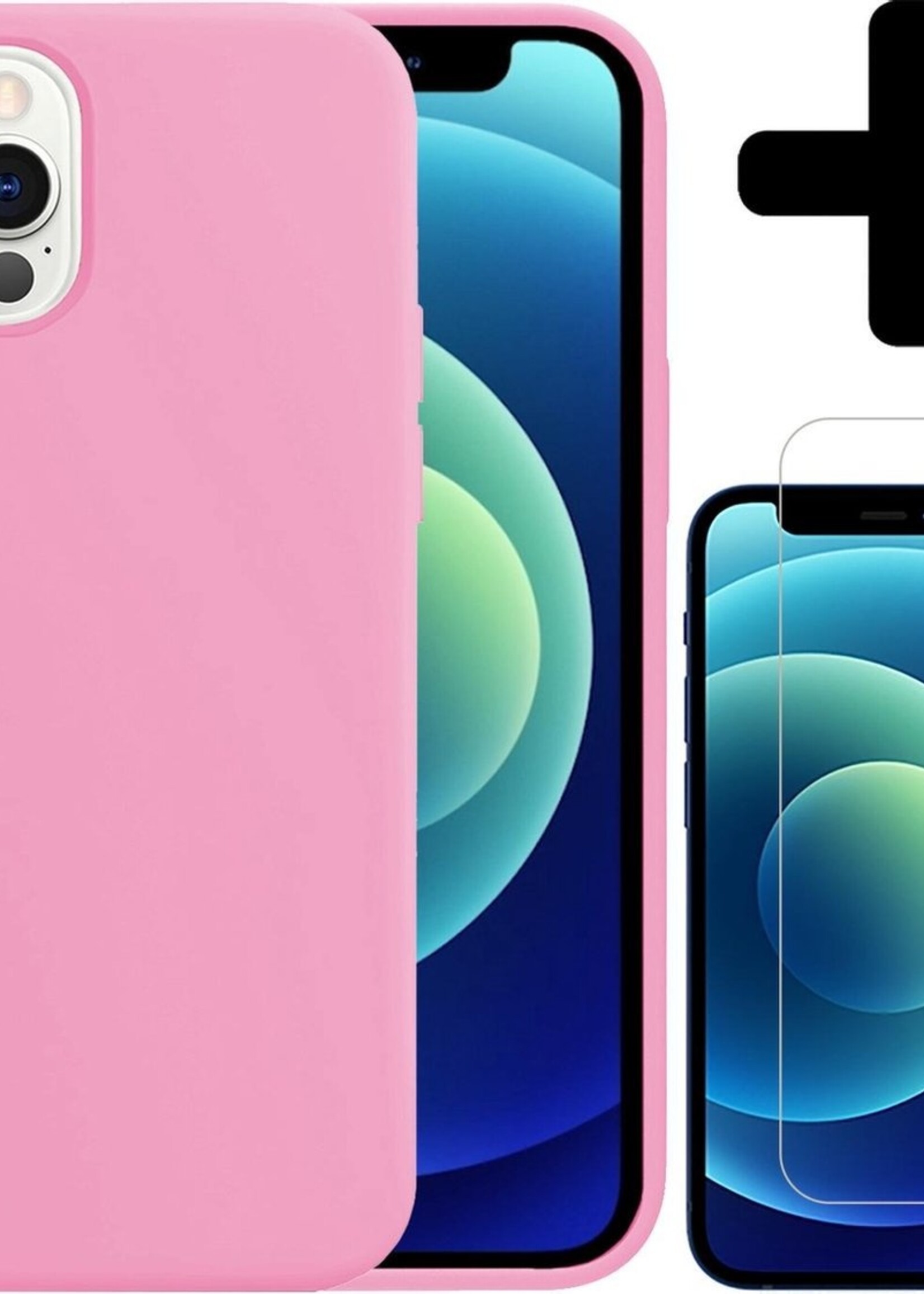 BTH Hoesje Geschikt voor iPhone 12 Pro Hoesje Siliconen Case Hoes Met Screenprotector - Hoes Geschikt voor iPhone 12 Pro Hoes Cover Case - Lichtroze
