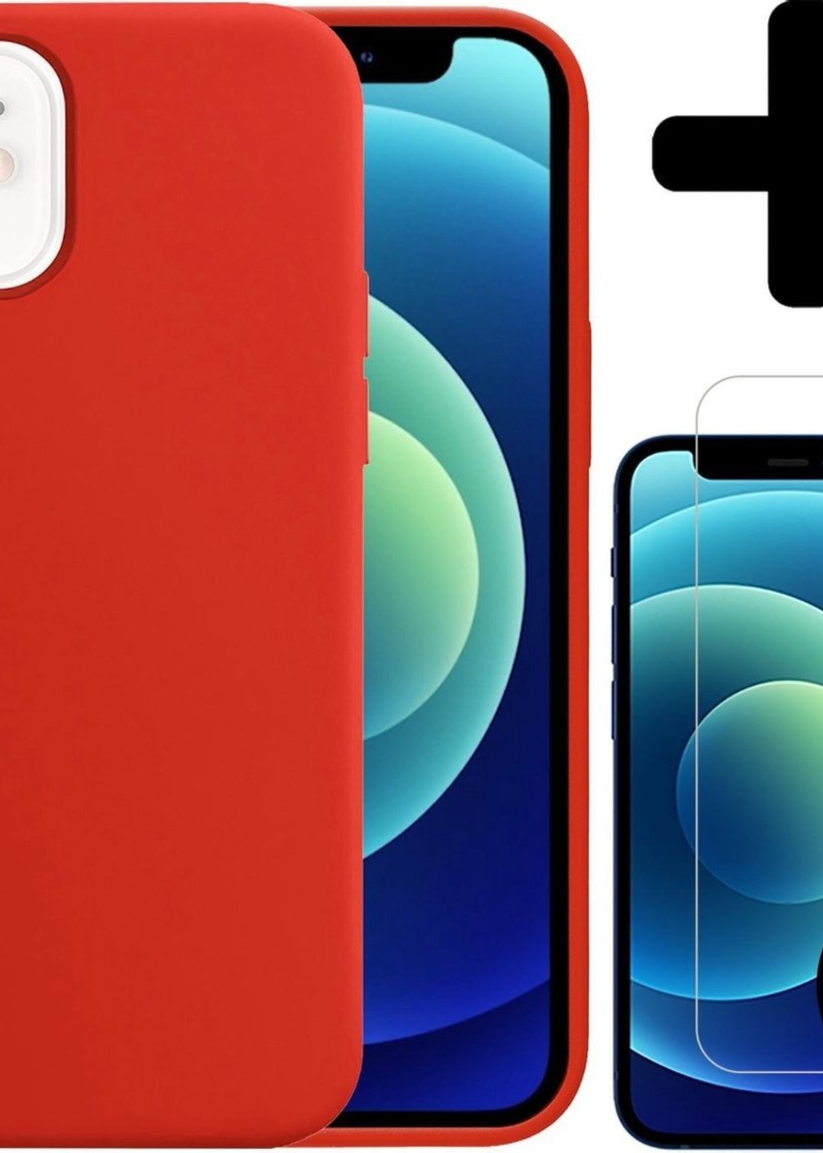 BTH Hoesje Geschikt voor iPhone 12 Hoesje Siliconen Case Hoes Met 2x Screenprotector - Hoes Geschikt voor iPhone 12 Hoes Cover Case - Rood