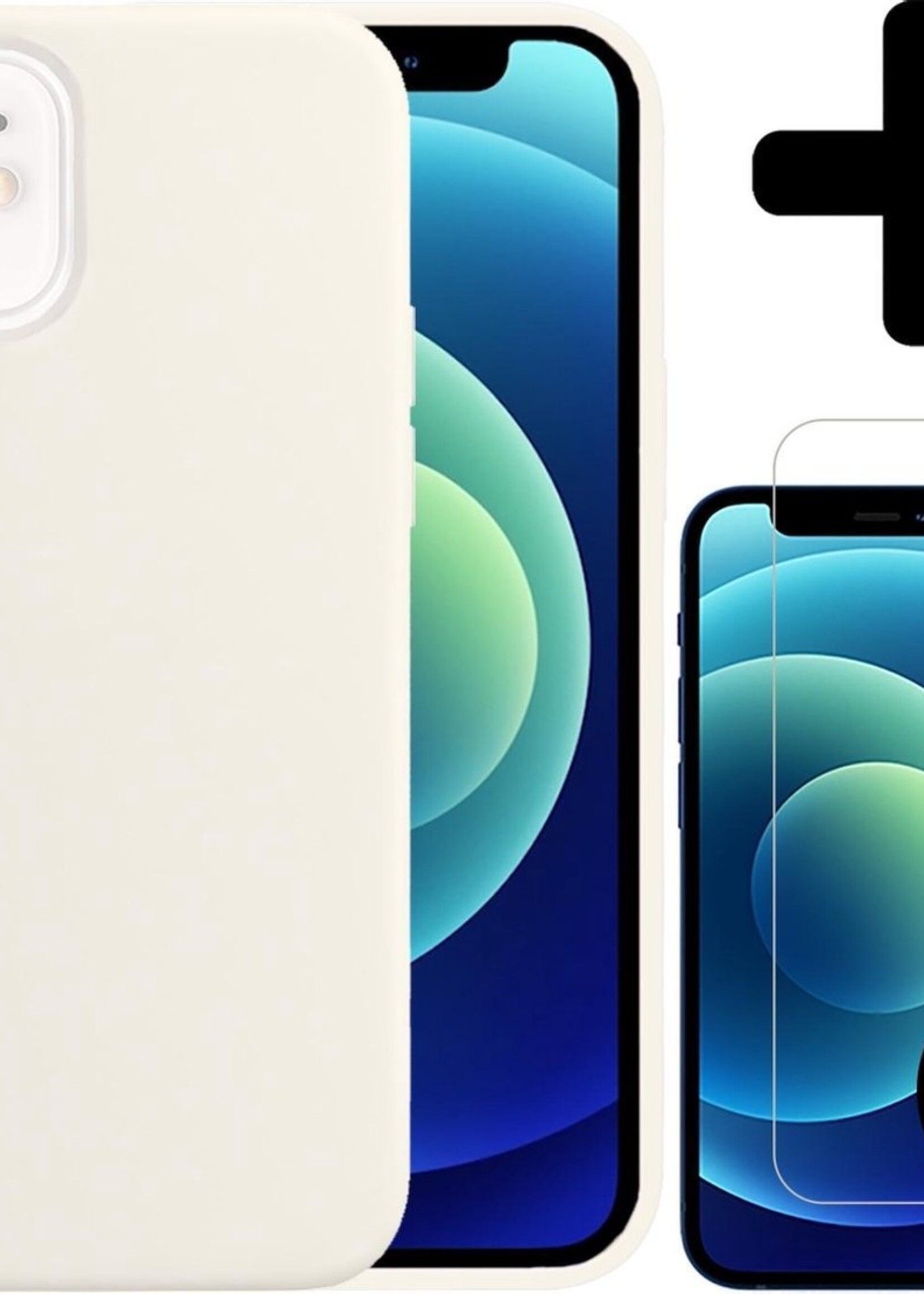 BTH Hoesje Geschikt voor iPhone 12 Hoesje Siliconen Case Hoes Met 2x Screenprotector - Hoes Geschikt voor iPhone 12 Hoes Cover Case - Wit
