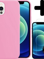 BTH BTH iPhone 12 Pro Hoesje Siliconen Roze En 2x Screenprotector met dichte notch