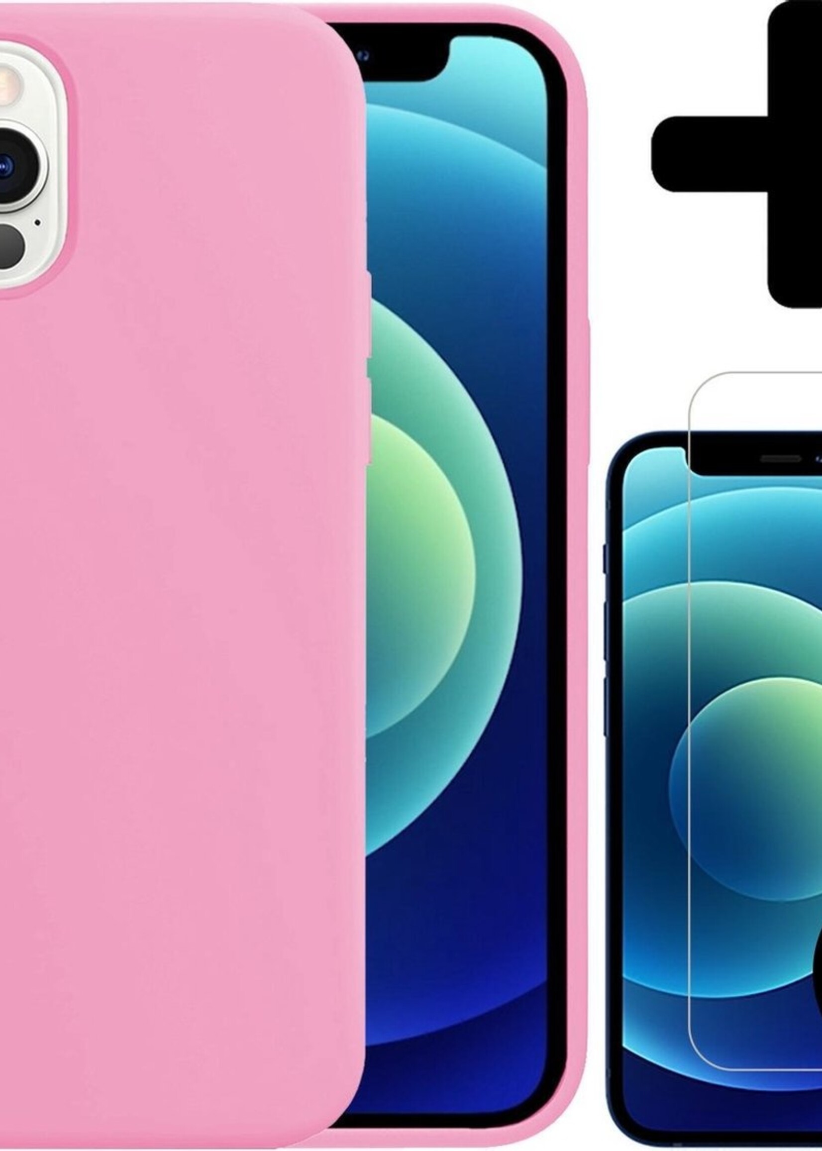 BTH Hoesje Geschikt voor iPhone 12 Pro Hoesje Siliconen Case Hoes Met 2x Screenprotector - Hoes Geschikt voor iPhone 12 Pro Hoes Cover Case - Lichtroze