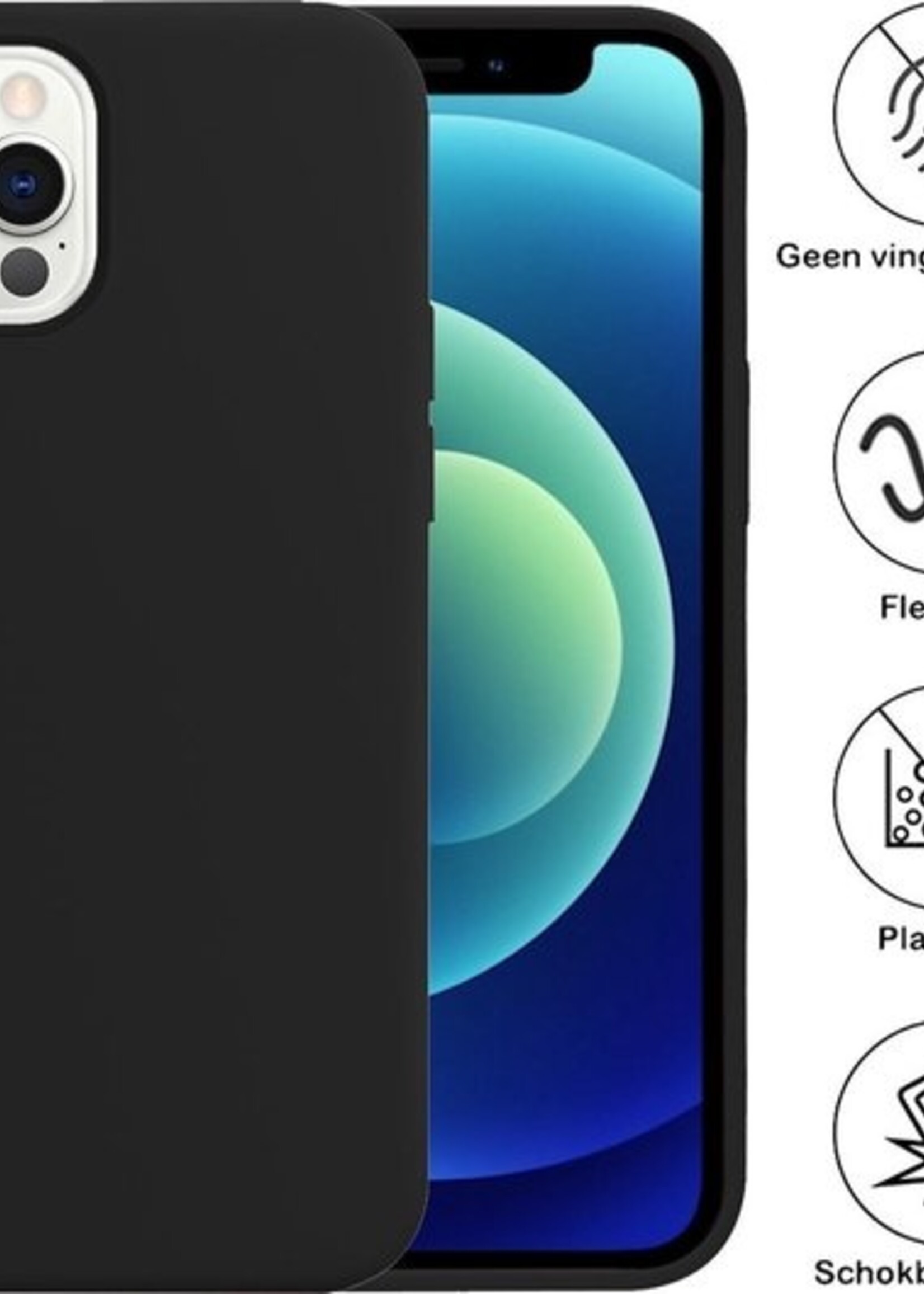 BTH Hoesje Geschikt voor iPhone 12 Pro Hoesje Siliconen Case Hoes Met 2x Screenprotector - Hoes Geschikt voor iPhone 12 Pro Hoes Cover Case - Zwart