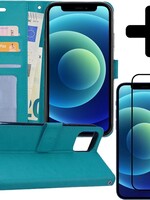 BTH BTH iPhone 12 Hoesje Bookcase met screenprotector full cover - Turquoise