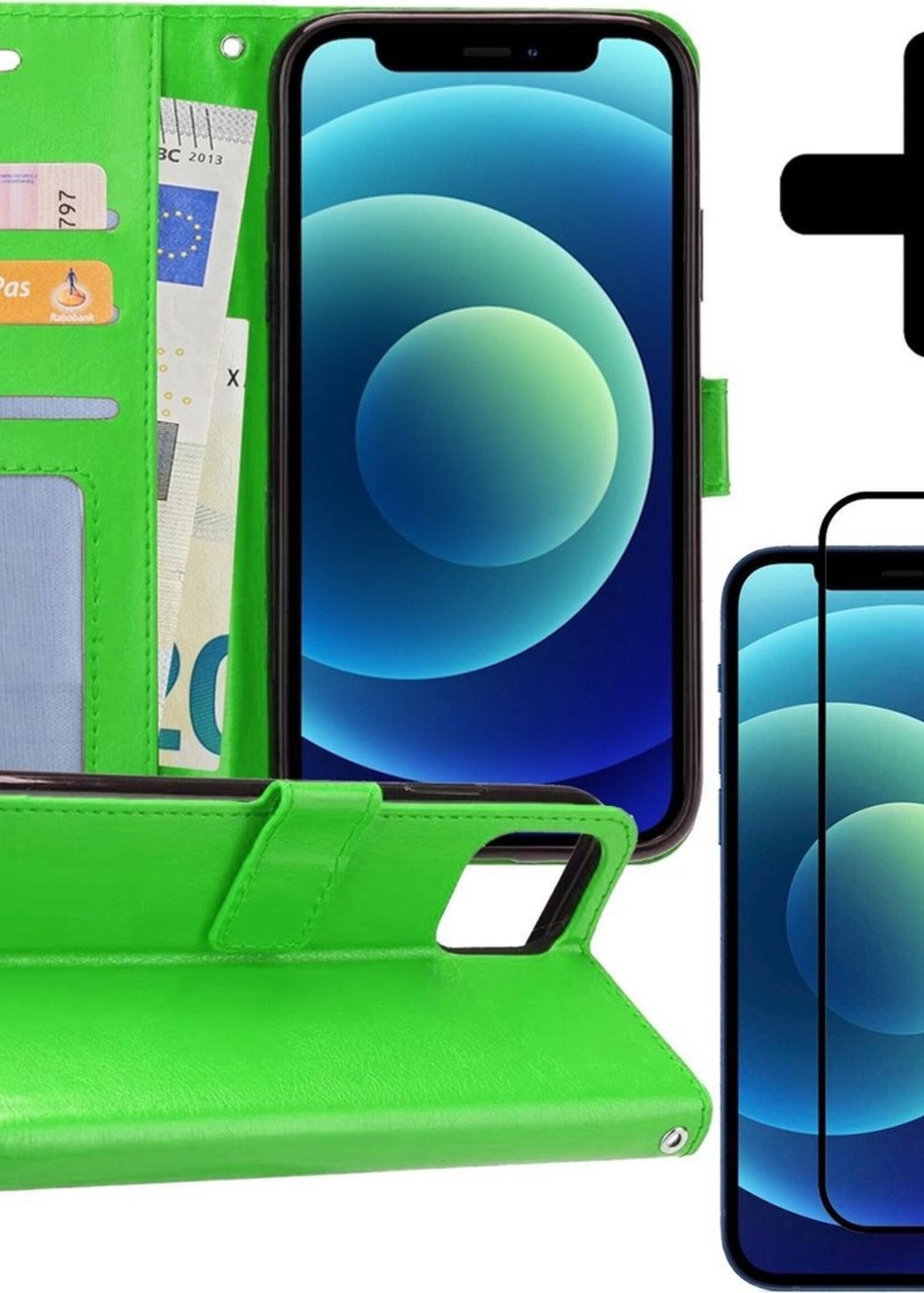 BTH Hoesje Geschikt voor iPhone 12 Pro Hoesje Book Case Hoes Portemonnee Cover Walletcase Met Screenprotector - Hoes Geschikt voor iPhone 12 Pro Hoes Bookcase Hoesje - Groen