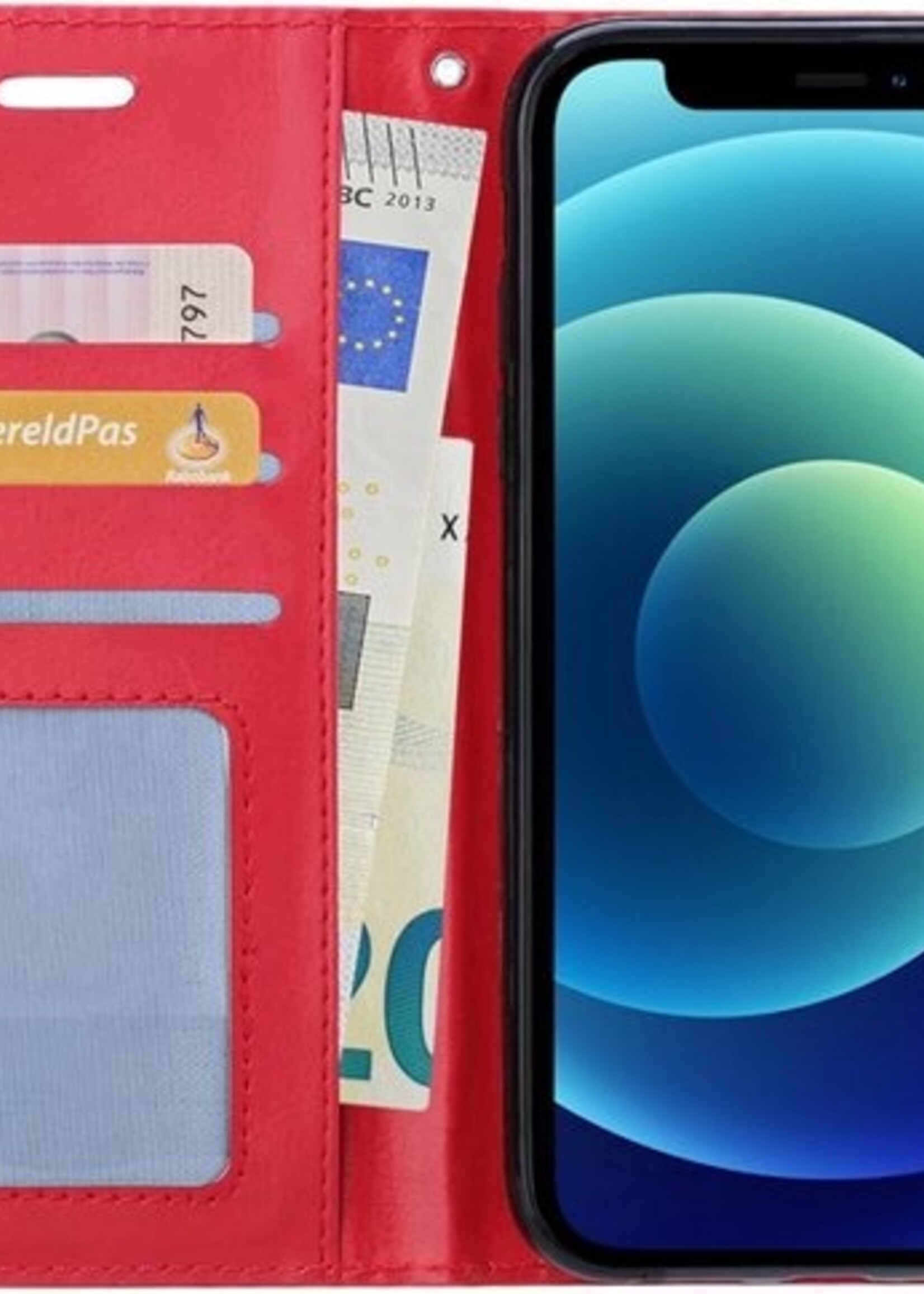 BTH Hoesje Geschikt voor iPhone 12 Hoesje Book Case Hoes Portemonnee Cover Walletcase Met 2x Screenprotector - Hoes Geschikt voor iPhone 12 Hoes Bookcase Hoesje - Rood