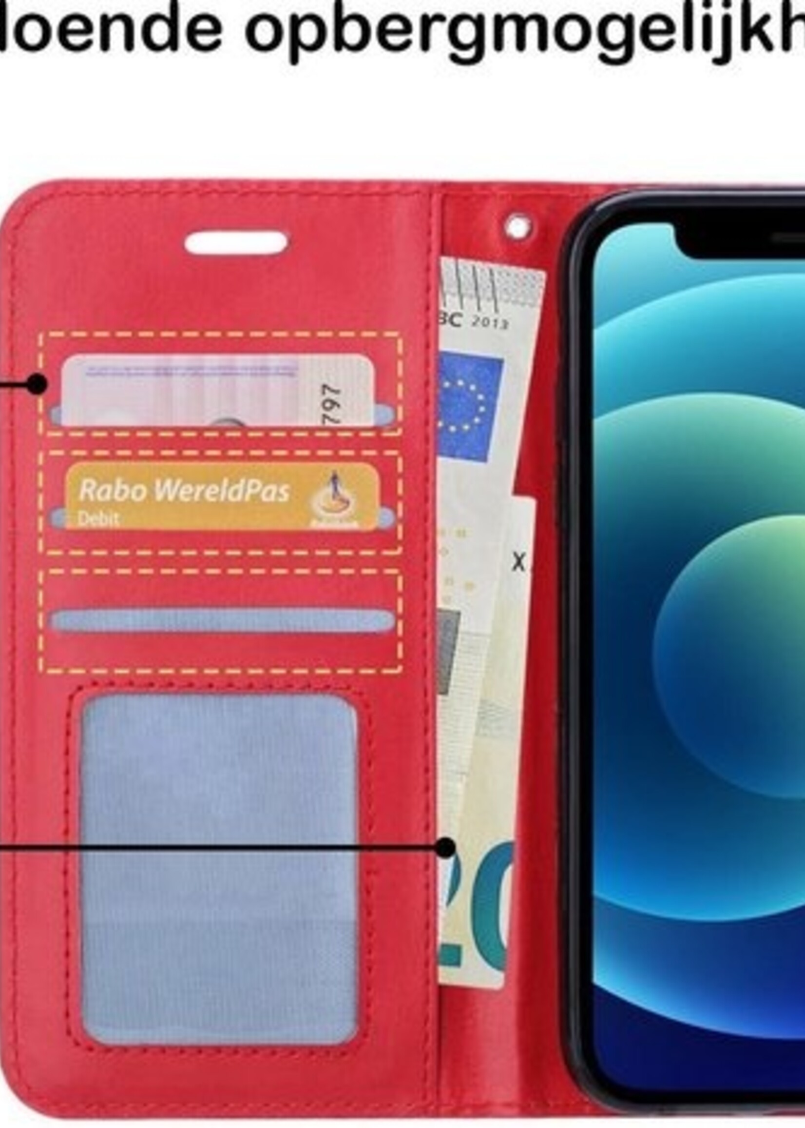 BTH Hoesje Geschikt voor iPhone 12 Hoesje Book Case Hoes Portemonnee Cover Walletcase Met 2x Screenprotector - Hoes Geschikt voor iPhone 12 Hoes Bookcase Hoesje - Rood