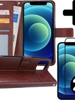BTH BTH iPhone 12 Hoesje Bookcase met 2x screenprotector full cover - Bruin