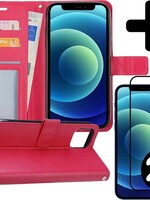 BTH BTH iPhone 12 Hoesje Bookcase met 2x screenprotector full cover - Donkerroze