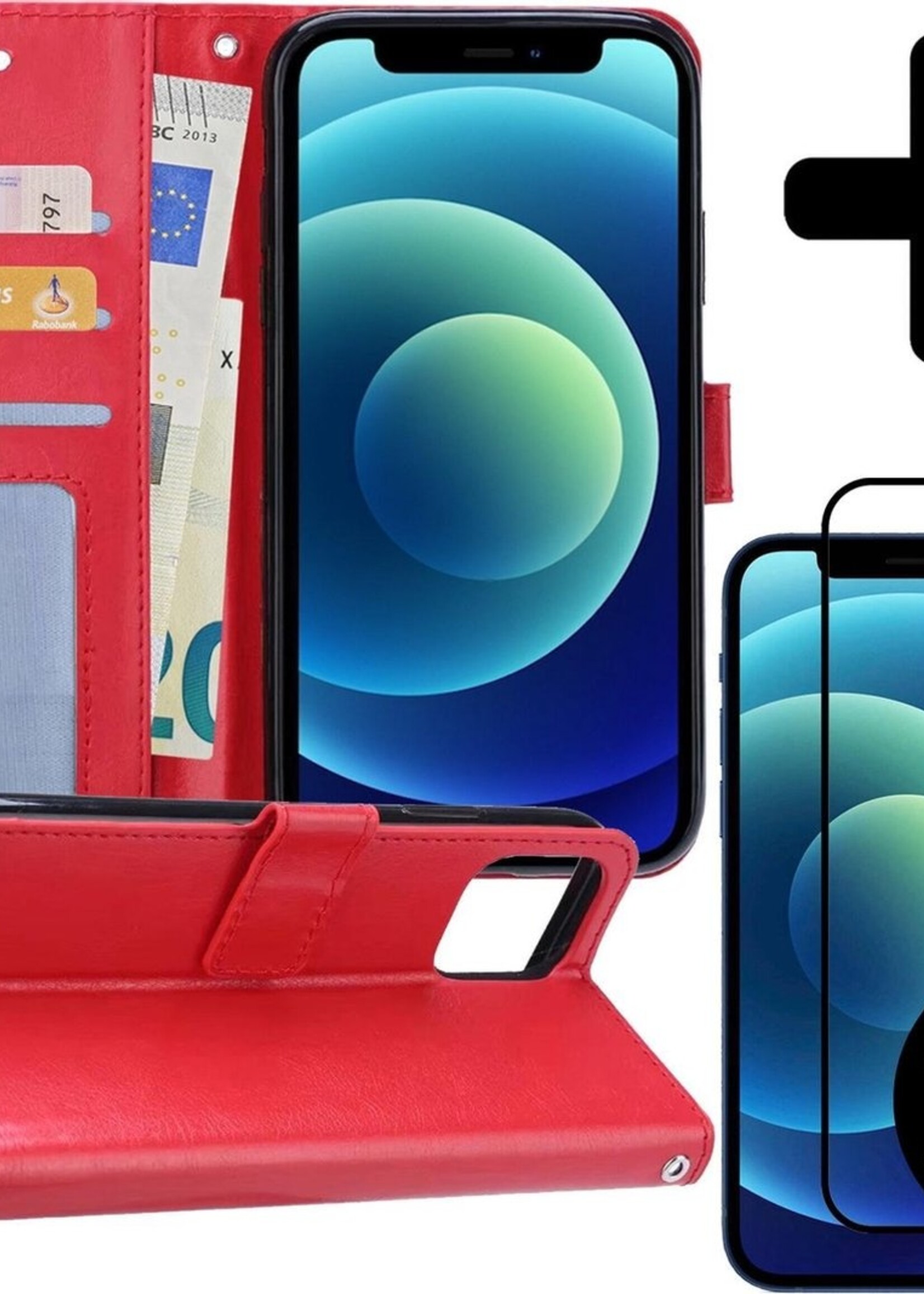BTH Hoesje Geschikt voor iPhone 12 Pro Hoesje Book Case Hoes Portemonnee Cover Walletcase Met 2x Screenprotector - Hoes Geschikt voor iPhone 12 Pro Hoes Bookcase Hoesje - Rood