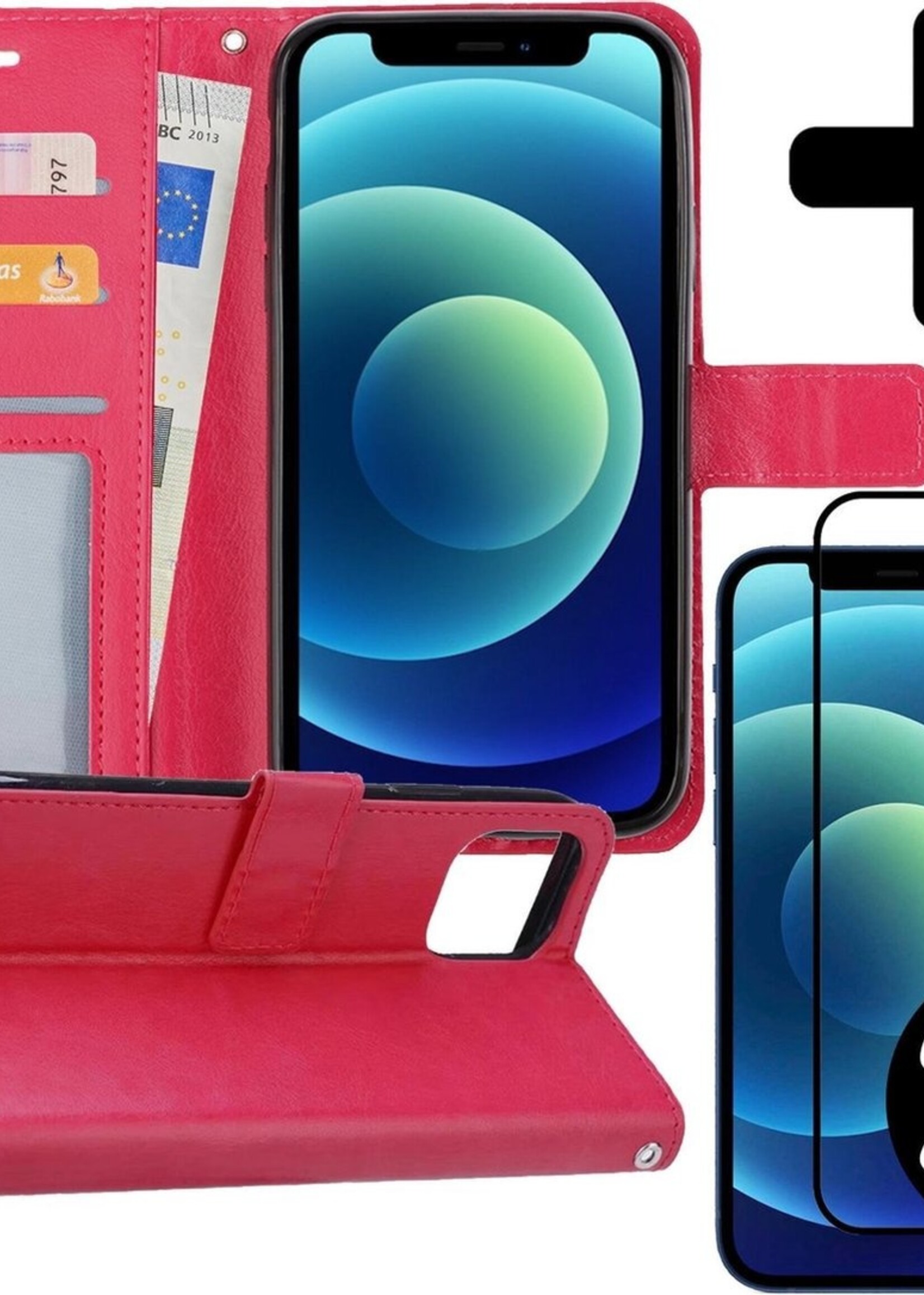 BTH Hoesje Geschikt voor iPhone 12 Pro Hoesje Book Case Hoes Portemonnee Cover Walletcase Met 2x Screenprotector - Hoes Geschikt voor iPhone 12 Pro Hoes Bookcase Hoesje - Donkerroze