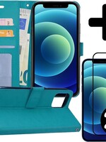BTH BTH iPhone 12 Pro Hoesje Bookcase met 2x screenprotector full cover - Turquoise