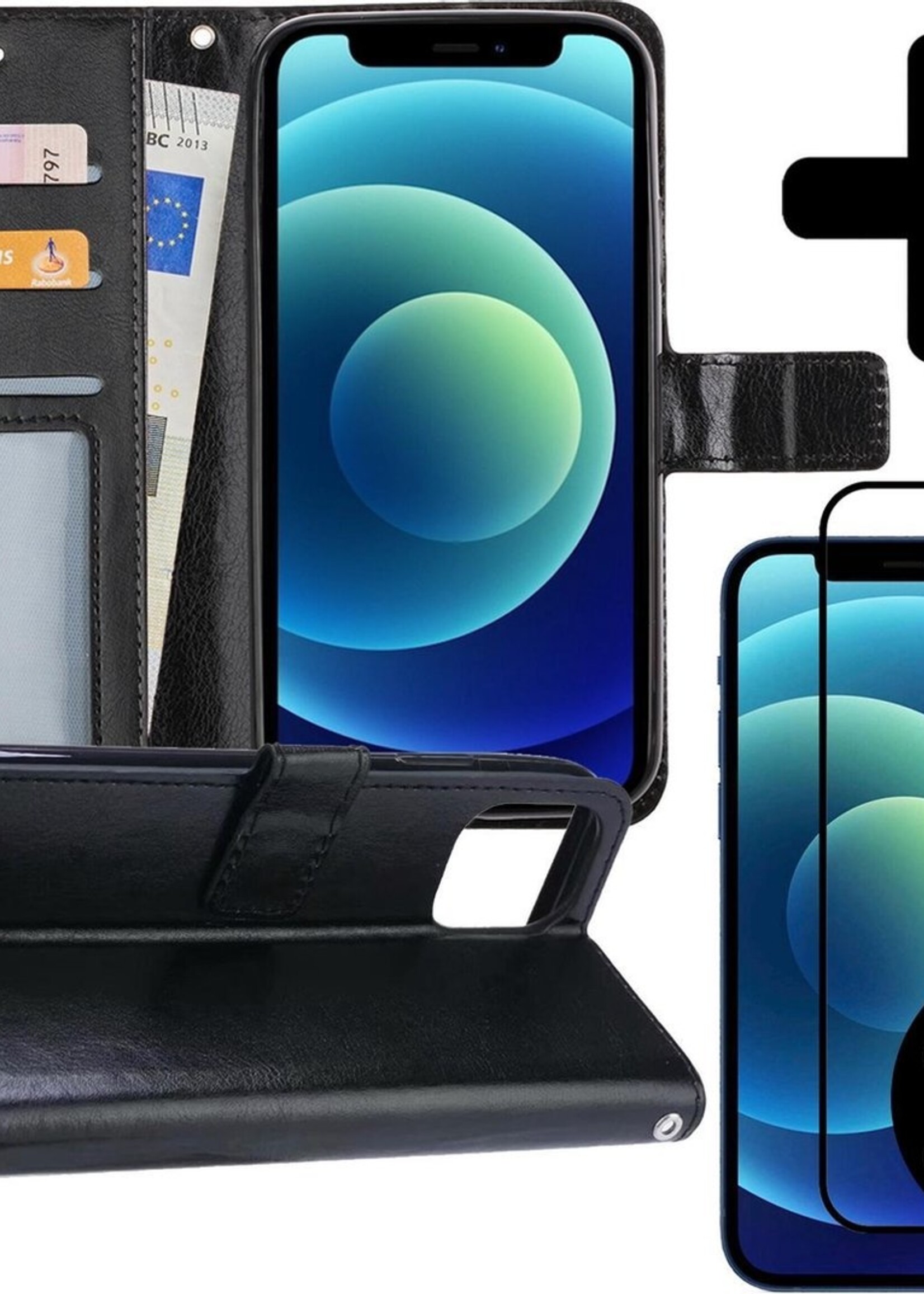 BTH Hoesje Geschikt voor iPhone 12 Pro Hoesje Book Case Hoes Portemonnee Cover Walletcase Met 2x Screenprotector - Hoes Geschikt voor iPhone 12 Pro Hoes Bookcase Hoesje - Zwart