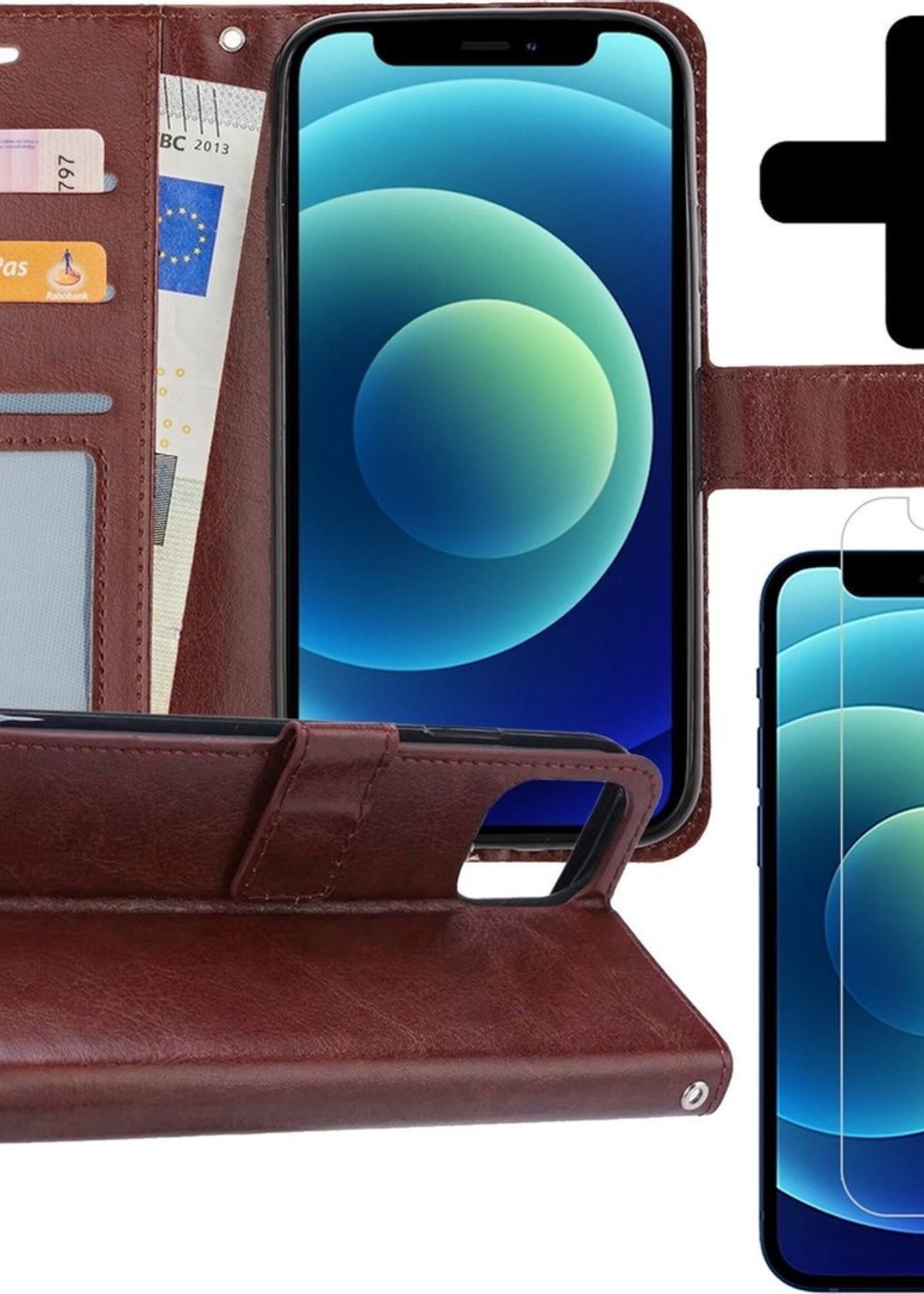 BTH Hoesje Geschikt voor iPhone 12 Hoesje Book Case Hoes Portemonnee Cover Walletcase Met Screenprotector - Hoes Geschikt voor iPhone 12 Hoes Bookcase Hoesje - Bruin