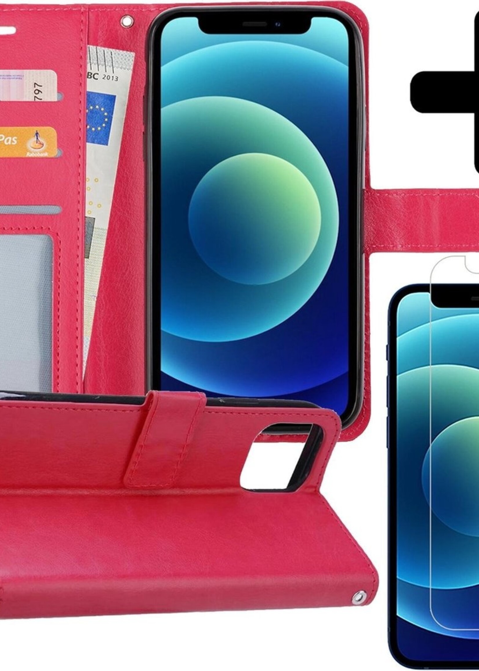 BTH Hoesje Geschikt voor iPhone 12 Hoesje Book Case Hoes Portemonnee Cover Walletcase Met Screenprotector - Hoes Geschikt voor iPhone 12 Hoes Bookcase Hoesje - Donkerroze