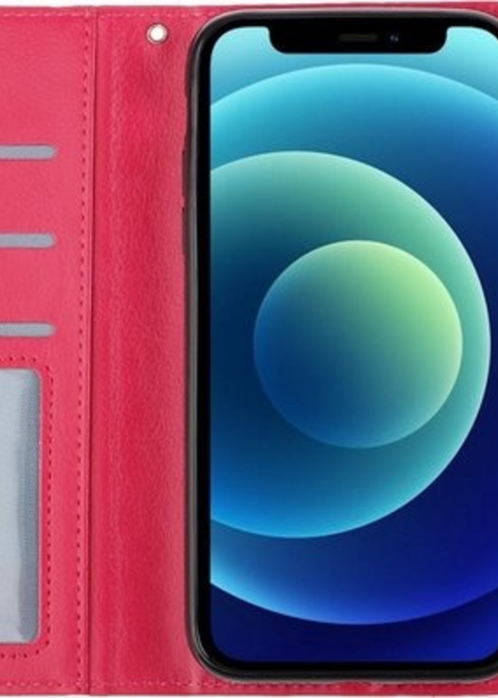 BTH Hoesje Geschikt voor iPhone 12 Hoesje Book Case Hoes Portemonnee Cover Walletcase Met Screenprotector - Hoes Geschikt voor iPhone 12 Hoes Bookcase Hoesje - Donkerroze
