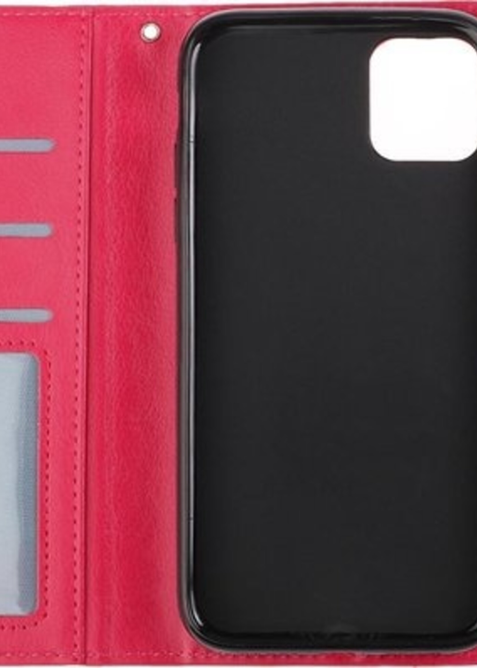 BTH Hoesje Geschikt voor iPhone 12 Hoesje Book Case Hoes Portemonnee Cover Walletcase Met Screenprotector - Hoes Geschikt voor iPhone 12 Hoes Bookcase Hoesje - Donkerroze