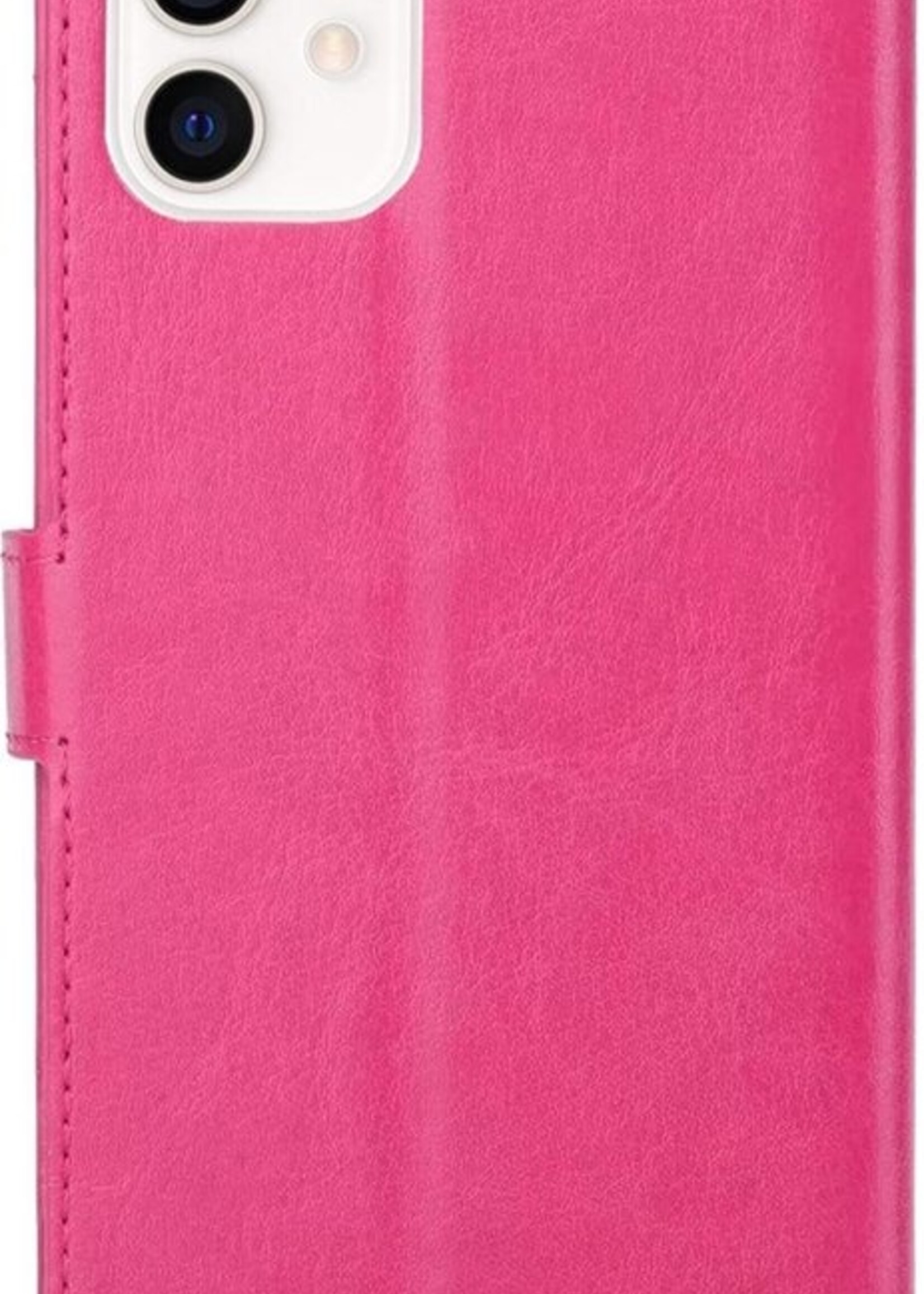 BTH Hoesje Geschikt voor iPhone 12 Hoesje Book Case Hoes Portemonnee Cover Walletcase Met Screenprotector - Hoes Geschikt voor iPhone 12 Hoes Bookcase Hoesje - Donkerroze