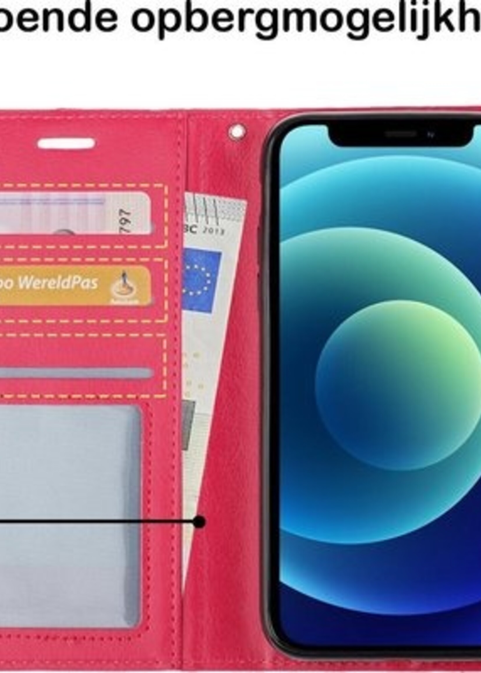 BTH Hoesje Geschikt voor iPhone 12 Hoesje Book Case Hoes Portemonnee Cover Walletcase Met Screenprotector - Hoes Geschikt voor iPhone 12 Hoes Bookcase Hoesje - Donkerroze