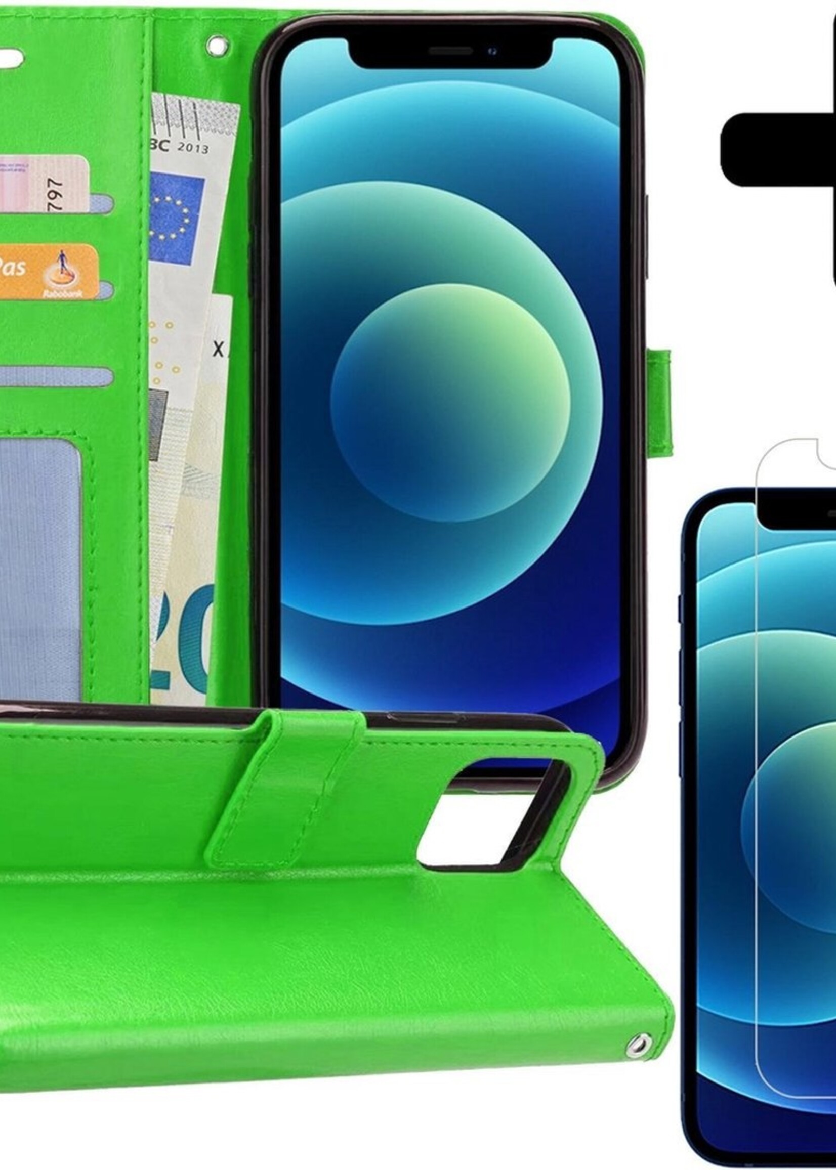BTH Hoesje Geschikt voor iPhone 12 Hoesje Book Case Hoes Portemonnee Cover Walletcase Met Screenprotector - Hoes Geschikt voor iPhone 12 Hoes Bookcase Hoesje - Groen
