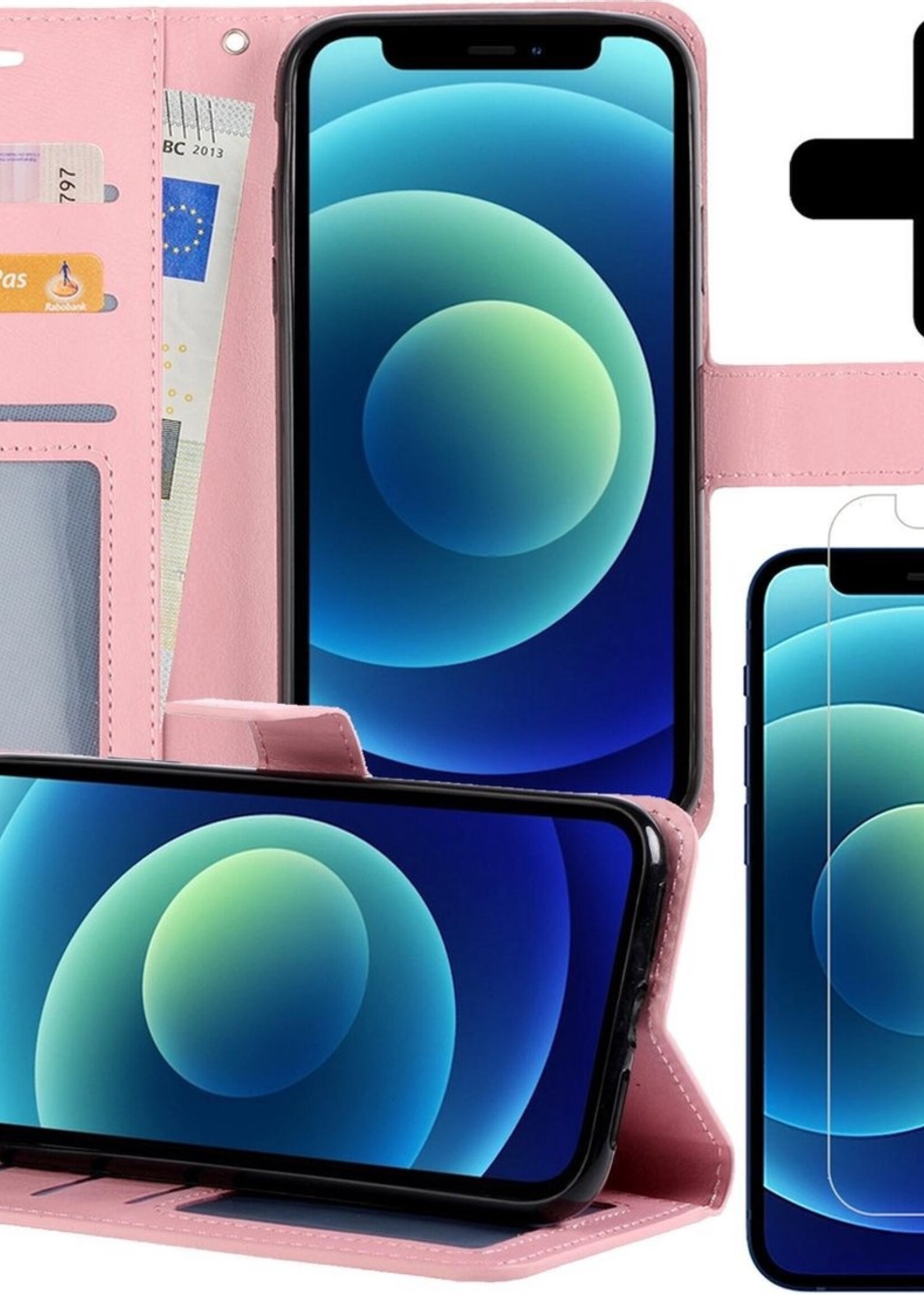 BTH Hoesje Geschikt voor iPhone 12 Pro Hoesje Book Case Hoes Portemonnee Cover Walletcase Met Screenprotector - Hoes Geschikt voor iPhone 12 Pro Hoes Bookcase Hoesje - Lichtroze